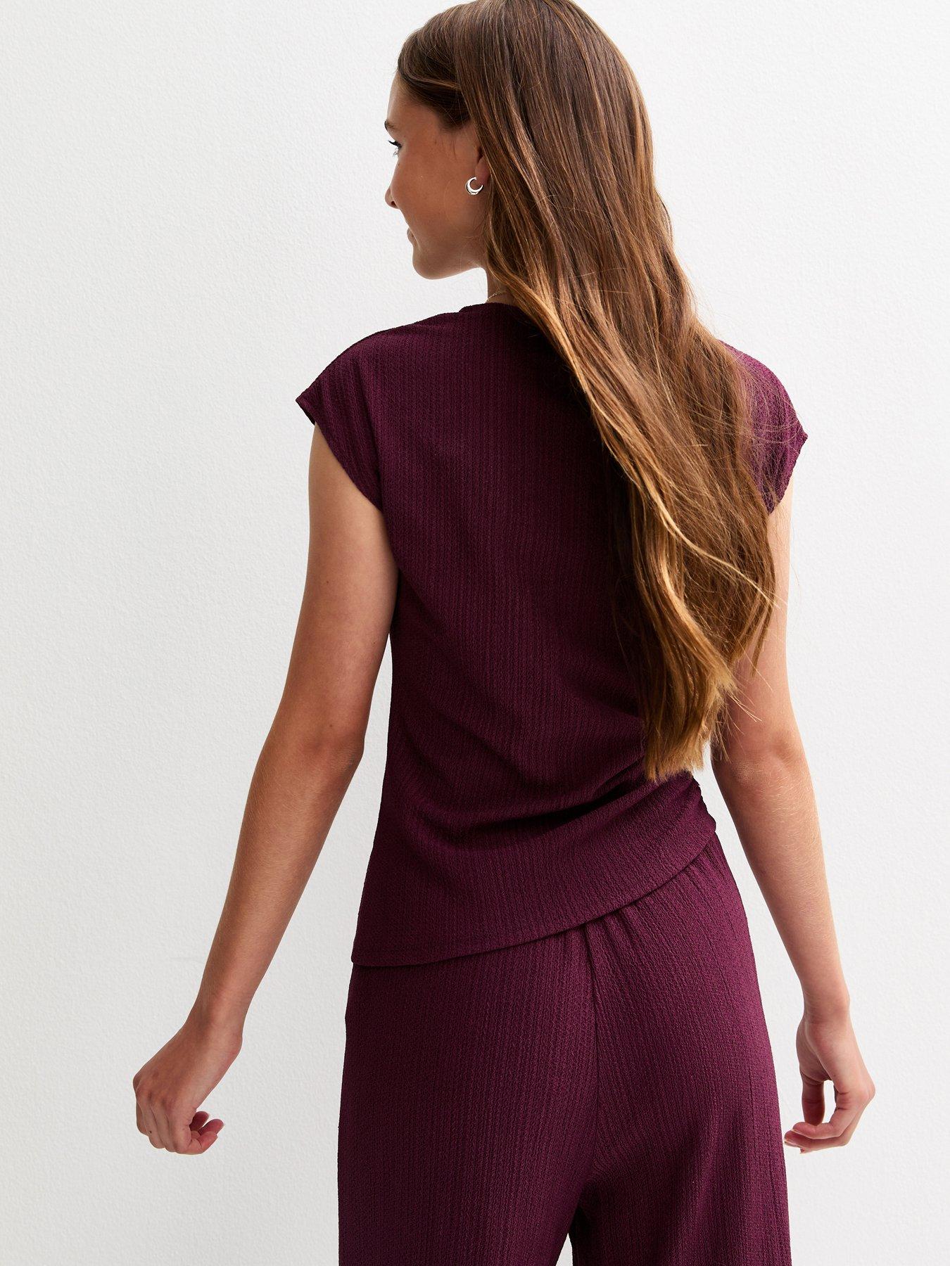 Image 2 of 4 of New Look 915 Girls Dark Burgundy Textured Jersey Ruched Side Asymmetric Top - Dark Red