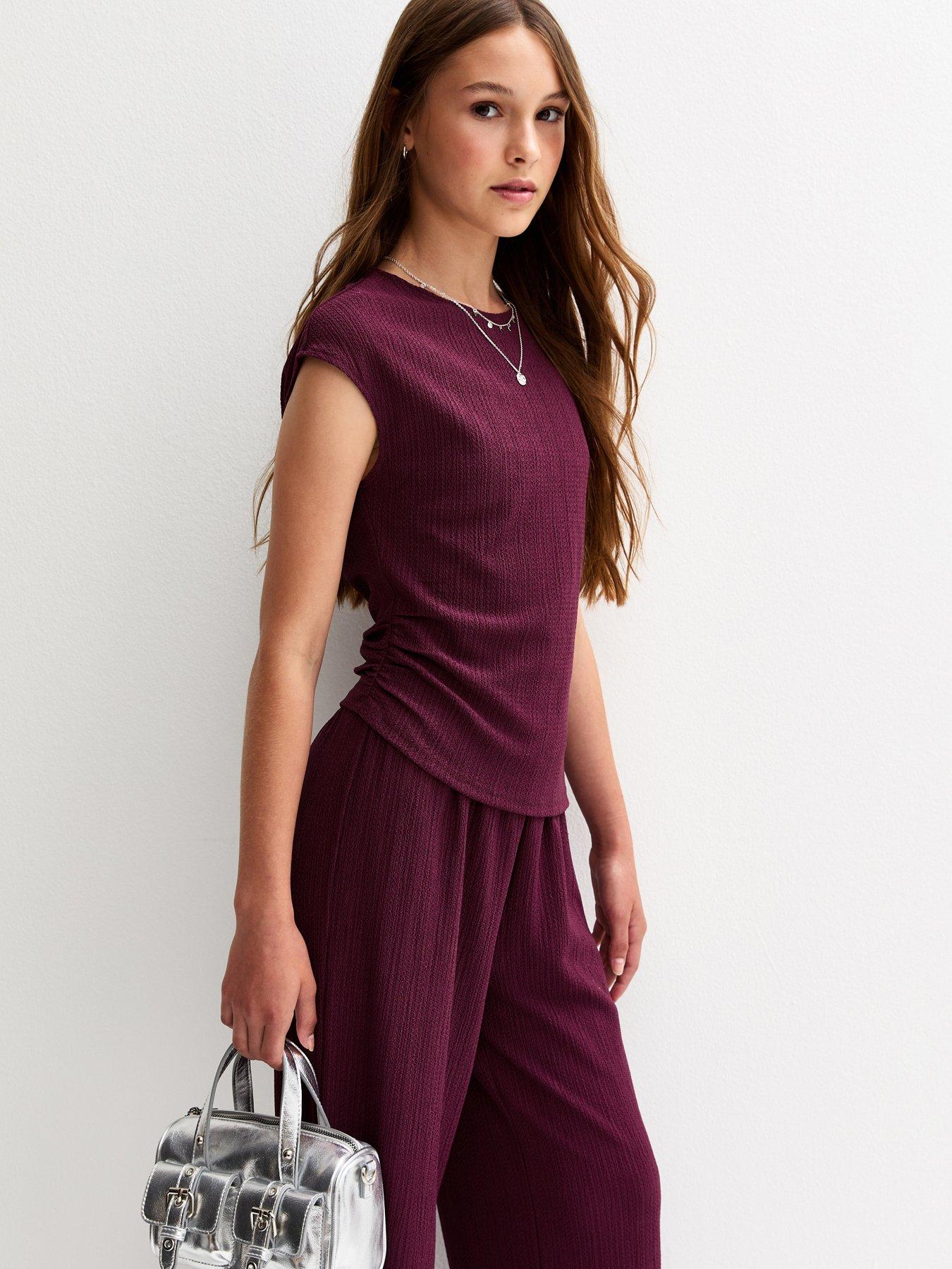Image 3 of 4 of New Look 915 Girls Dark Burgundy Textured Jersey Ruched Side Asymmetric Top - Dark Red