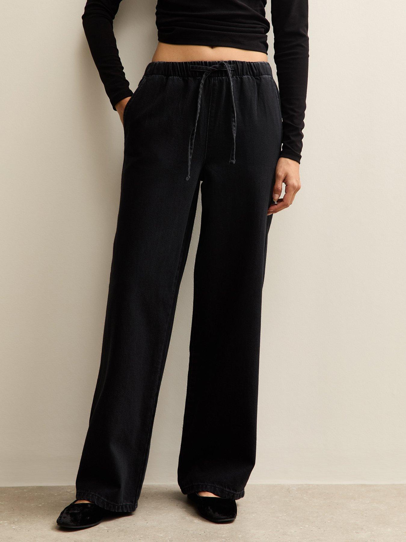 New Look Black Denim Wide Leg Drawstring Waist Jeans