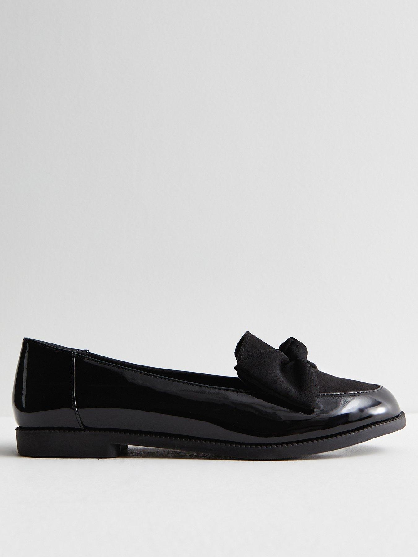 New Look Patent Suedette Bow Loafers - Black