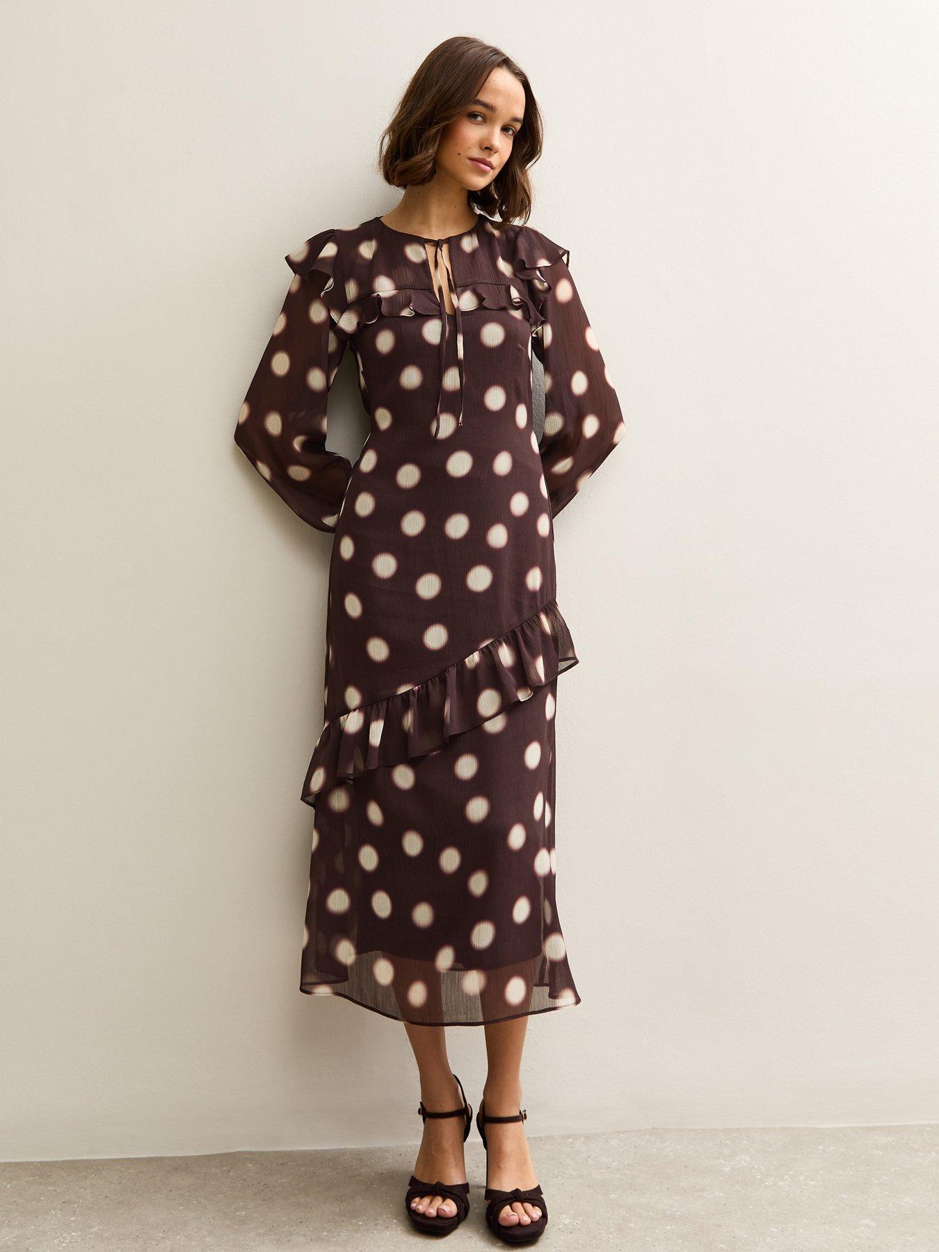 brown check chiffon midi dress Brown Check Chiffon Midi Dress  self-portrait-EU