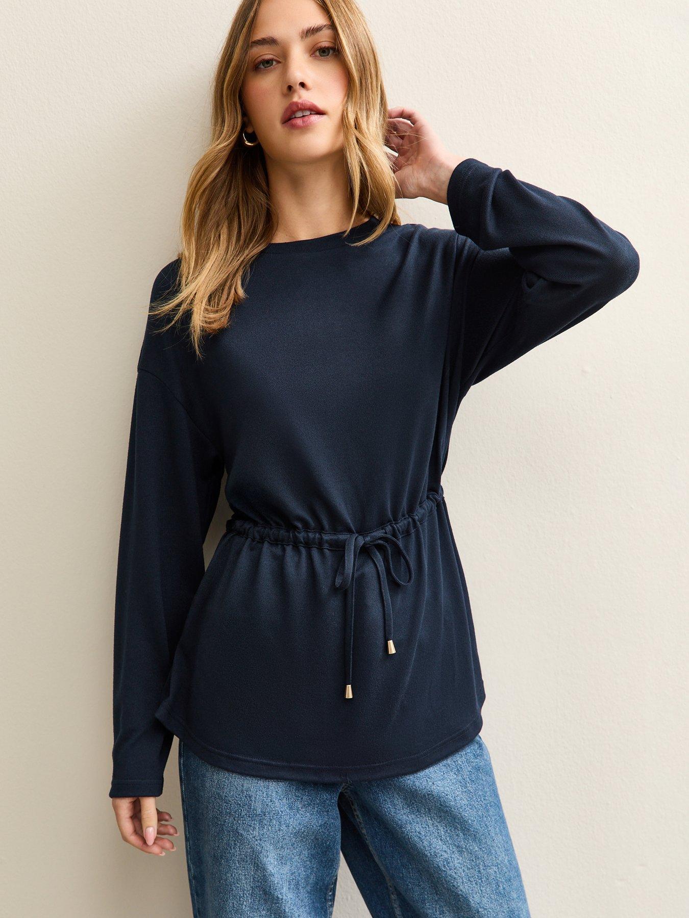 Image 1 of 5 of New Look Navy Soft Touch Tie Waist Top