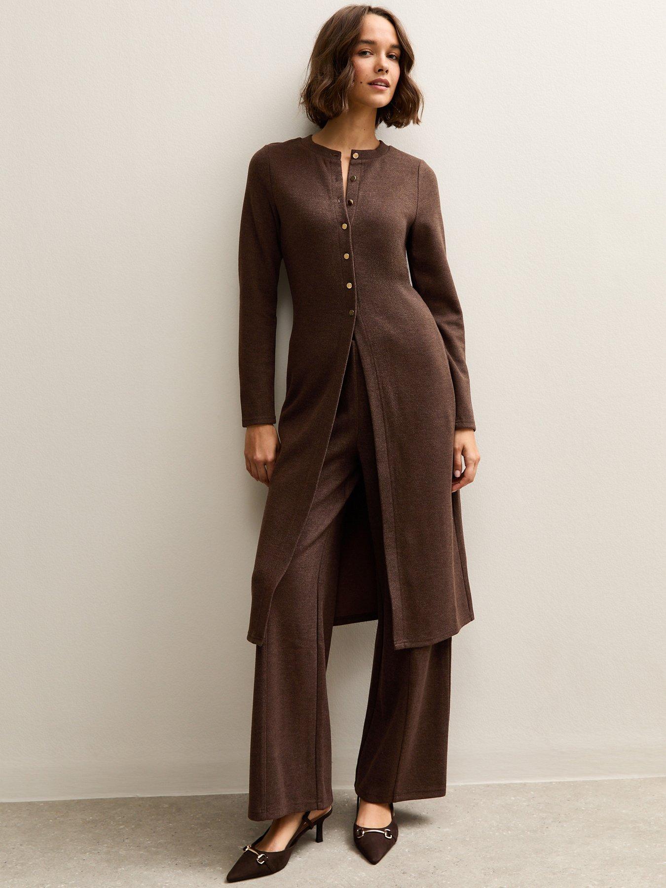 Image 1 of 6 of New Look Dark Brown Soft Touch Longline Cardigan