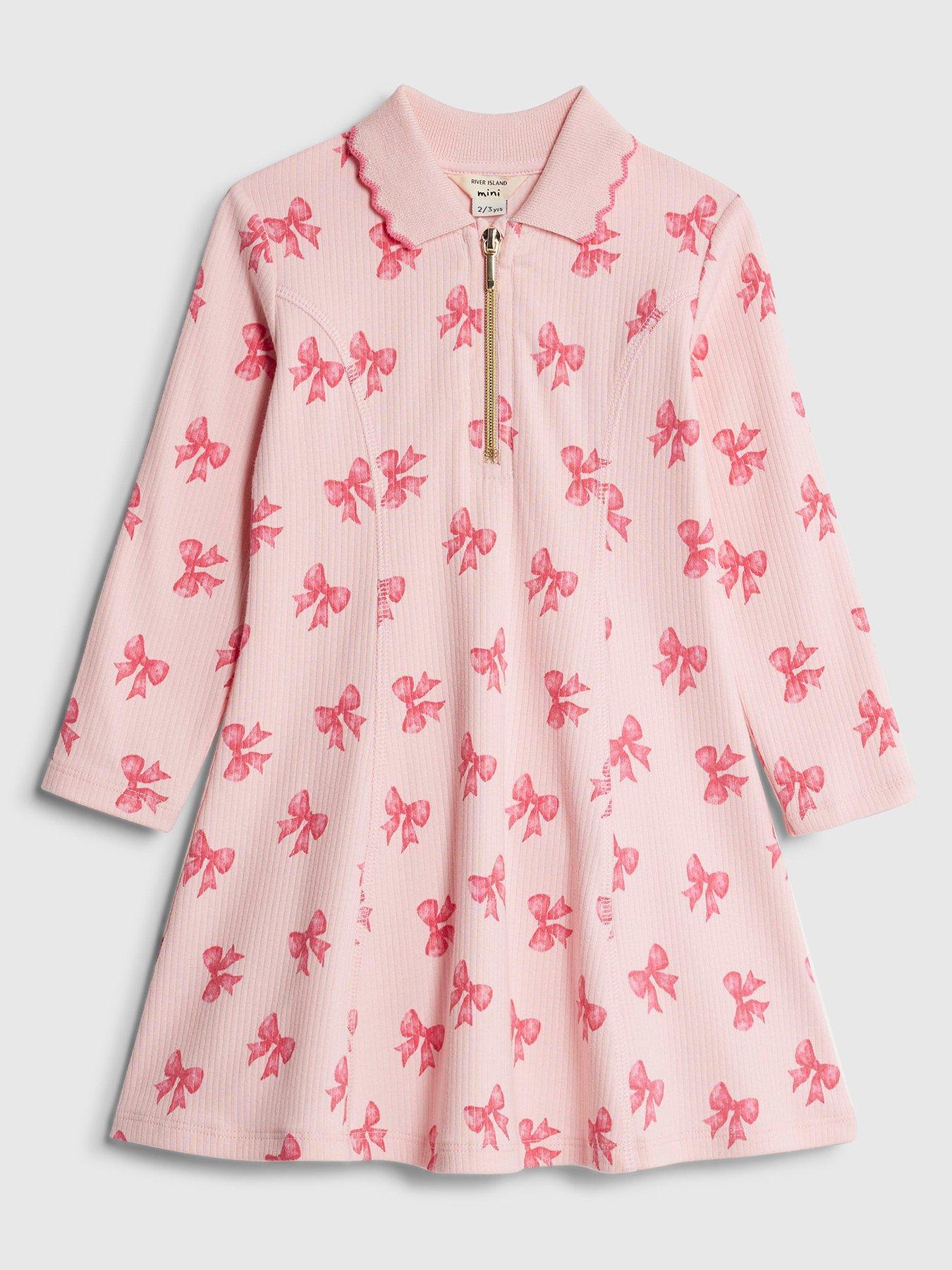 River Island Mini: Girls Bow Ribbed Polo Dress - Pink