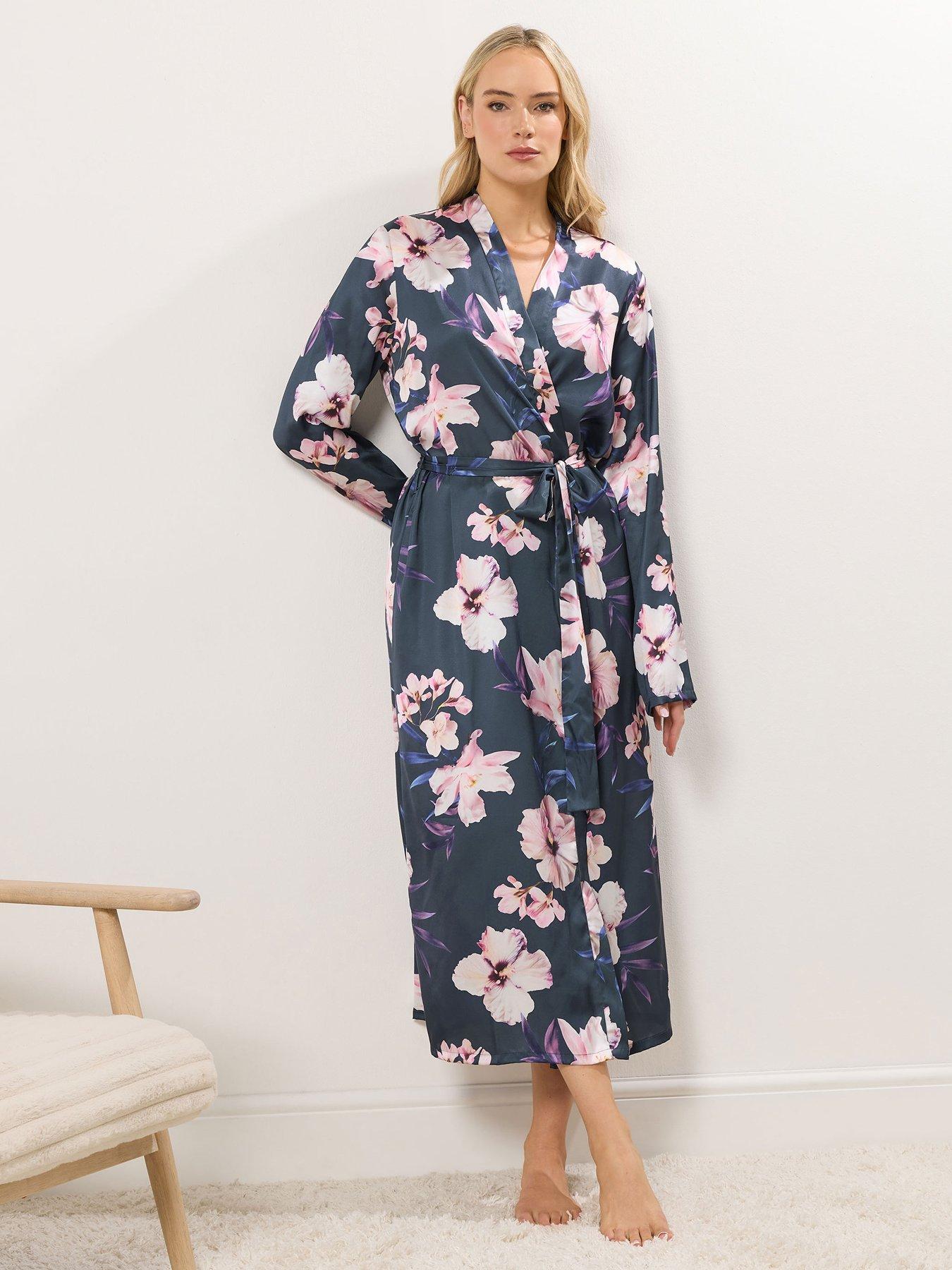 Long Tall Sally Oversize Floral Maxi Satin Robe - Grey
