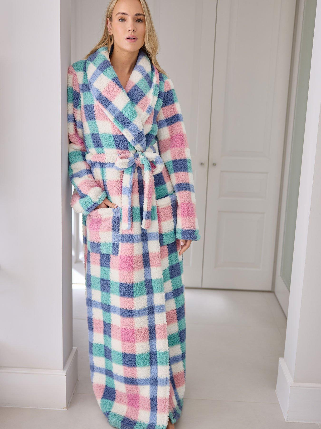 Image 1 of 6 of Long Tall Sally Multi Check Borg Shawl Maxi Robe - White