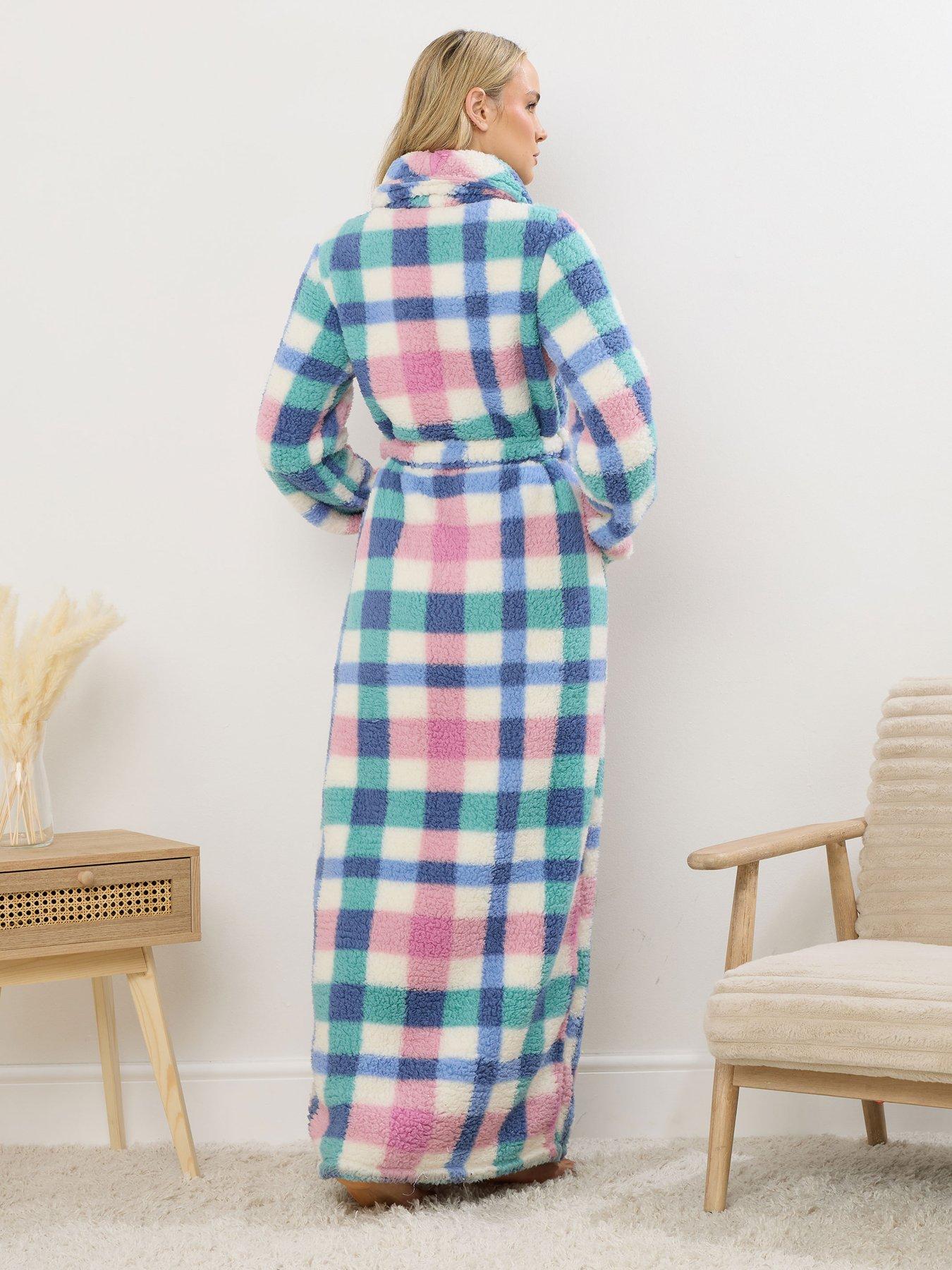 Image 2 of 6 of Long Tall Sally Multi Check Borg Shawl Maxi Robe - White