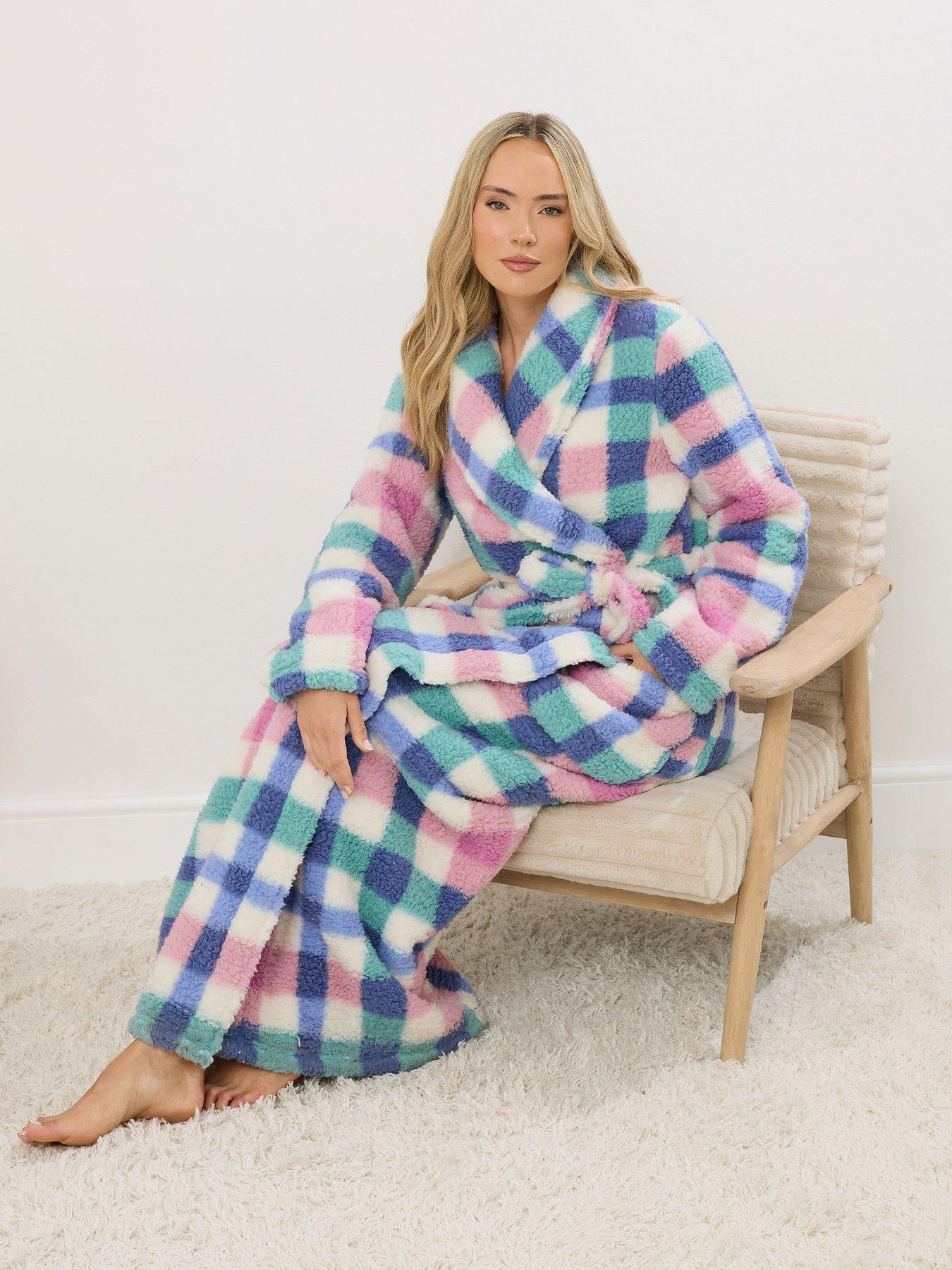 Image 3 of 6 of Long Tall Sally Multi Check Borg Shawl Maxi Robe - White