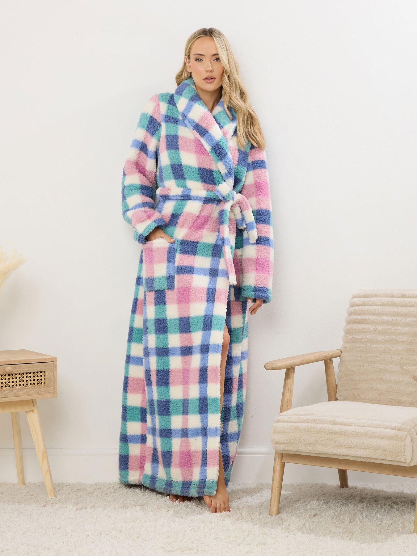 Image 4 of 6 of Long Tall Sally Multi Check Borg Shawl Maxi Robe - White