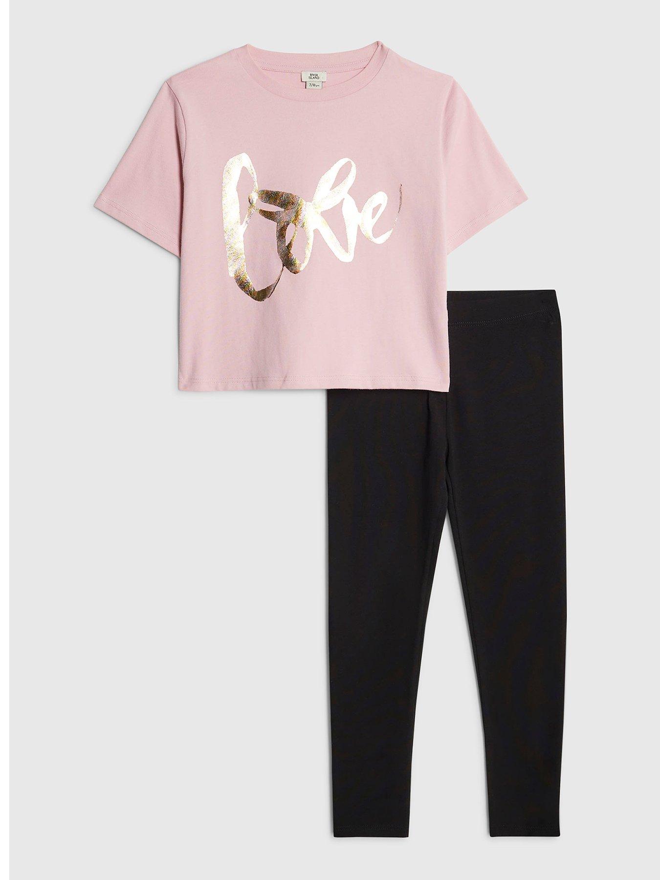 River Island Older Girls Love T-Shirt and Legging Set - Pink