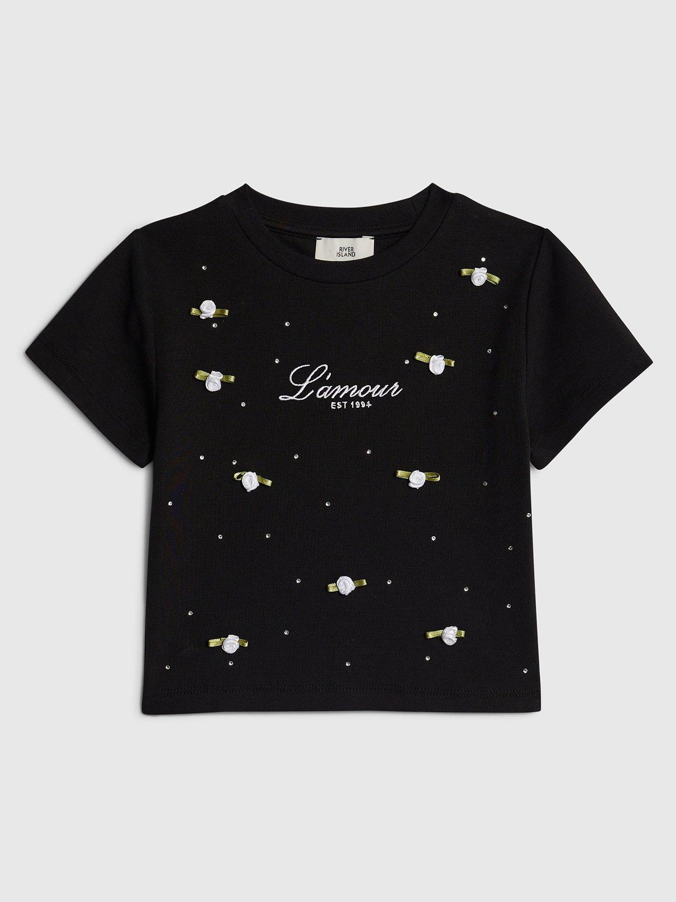 River Island Older Girls Lamour Rosette T-Shirt, Black, Size Age: 9-10 Years