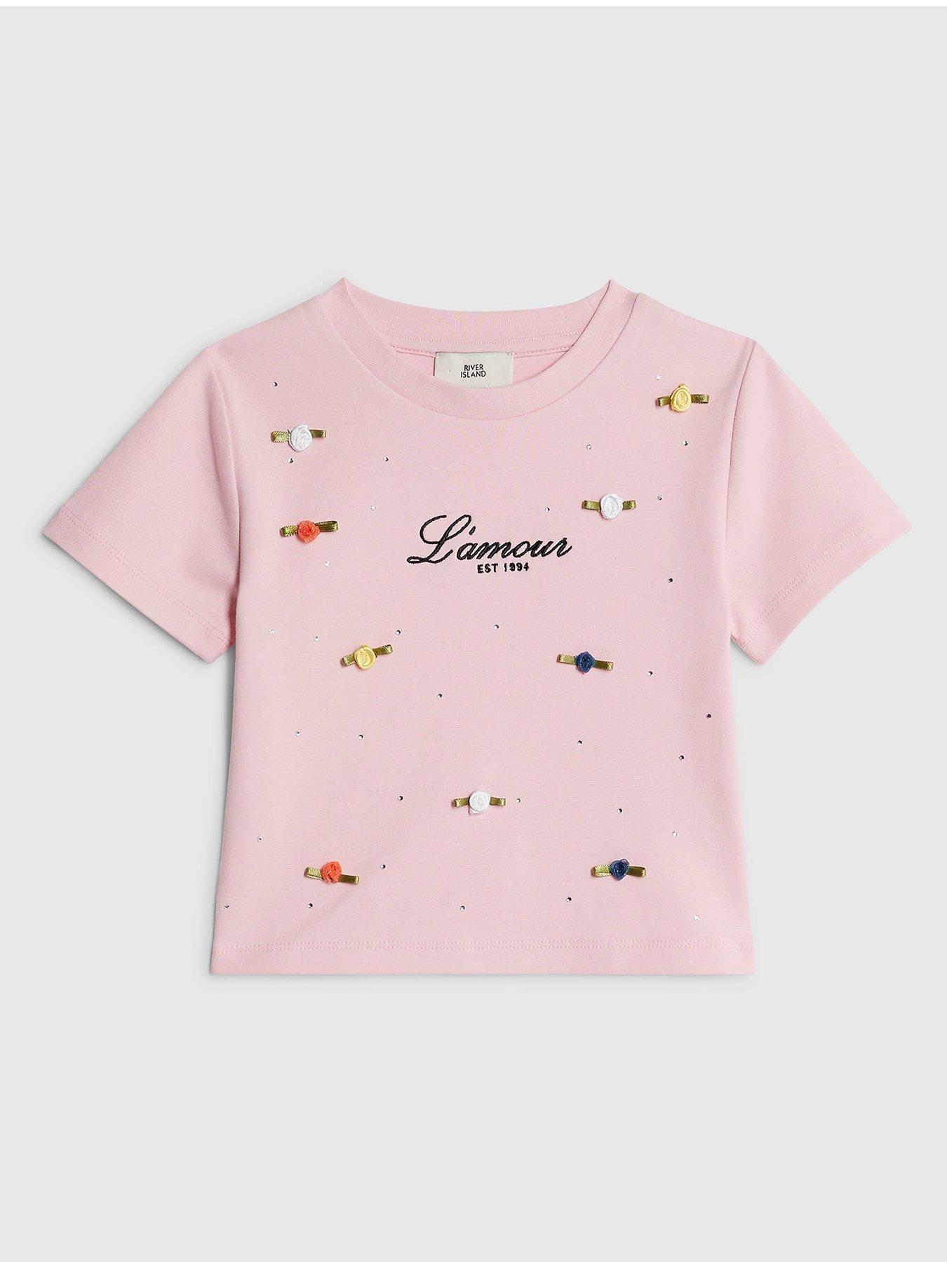 River Island Older Girls Lamour Rosette T-Shirt - Pink