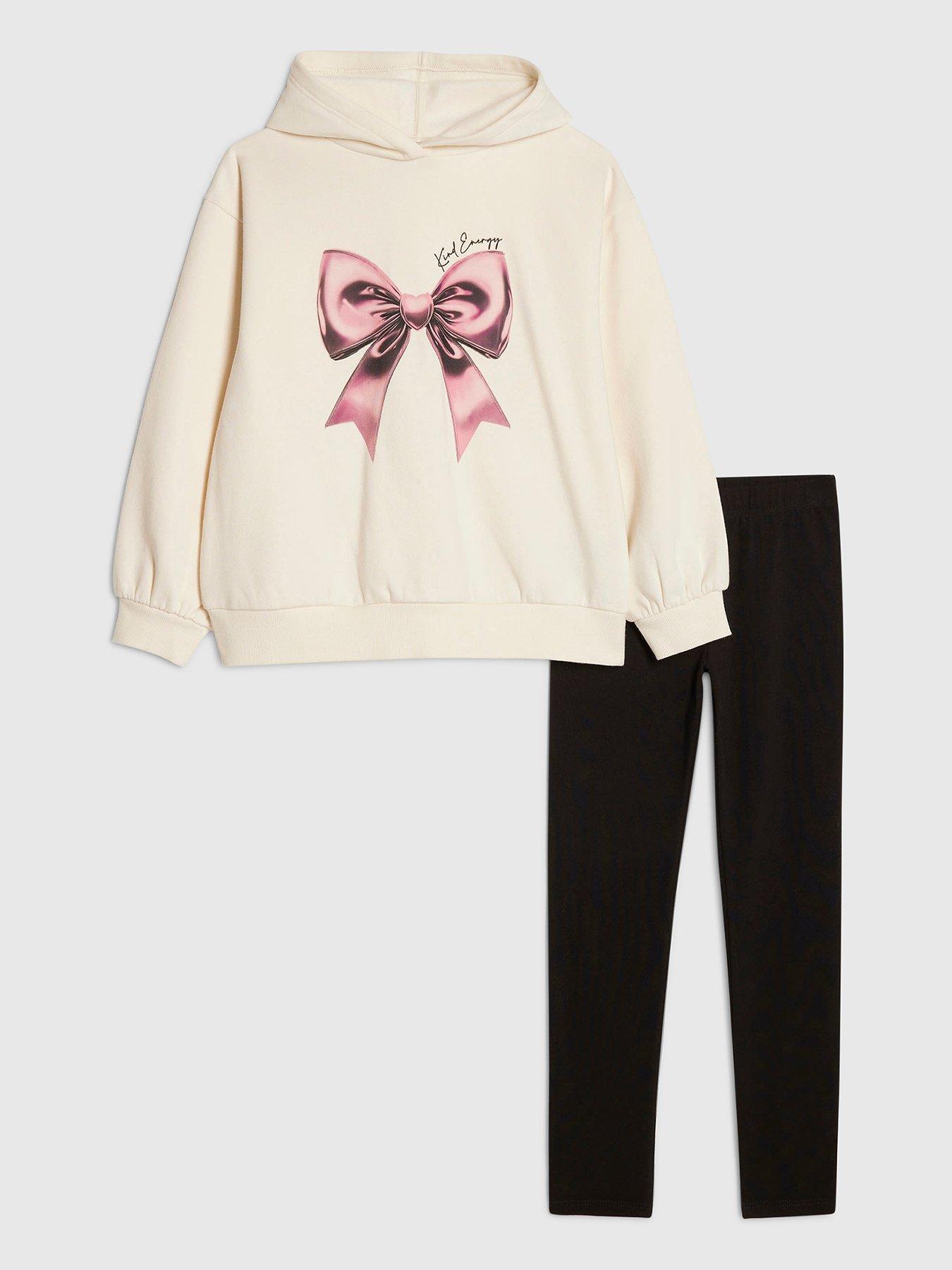Image 1 of 5 of River Island Older Girls Kind Energy Bow Hoodie And Leggings Set - Cream