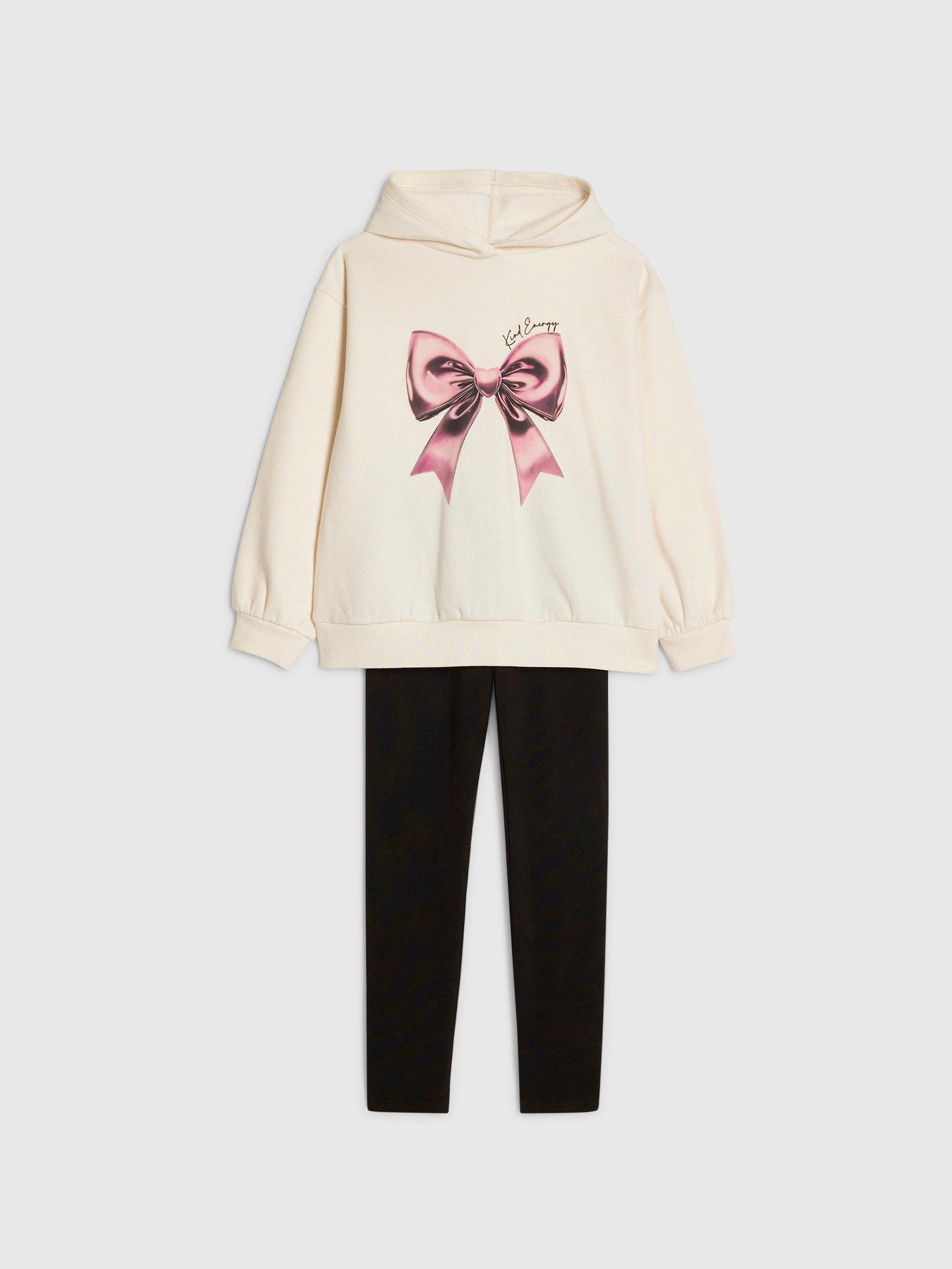 Image 3 of 5 of River Island Older Girls Kind Energy Bow Hoodie And Leggings Set - Cream