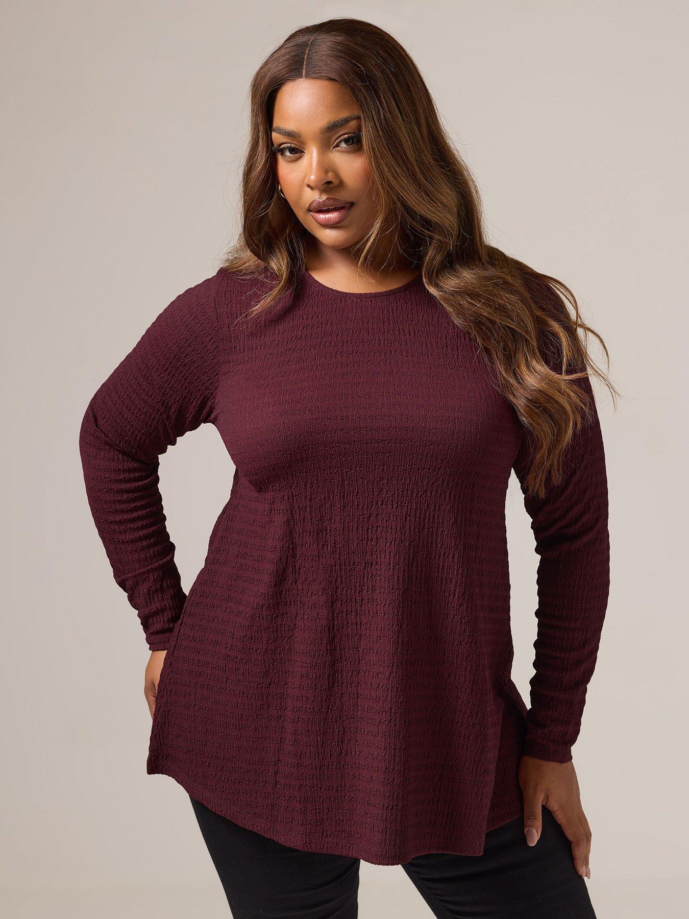 Yours Curve Textured Long Sleeve Swing Top - Red