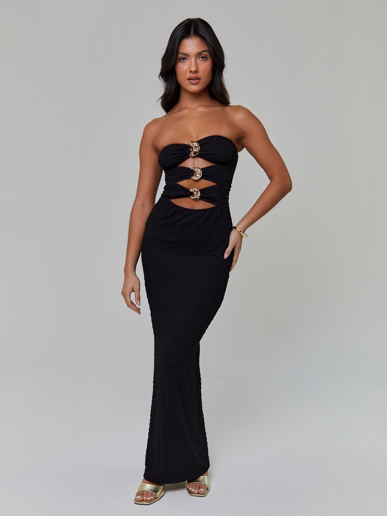 South Beach Textured Bandeau Decal Detail Maxi Dress - Black