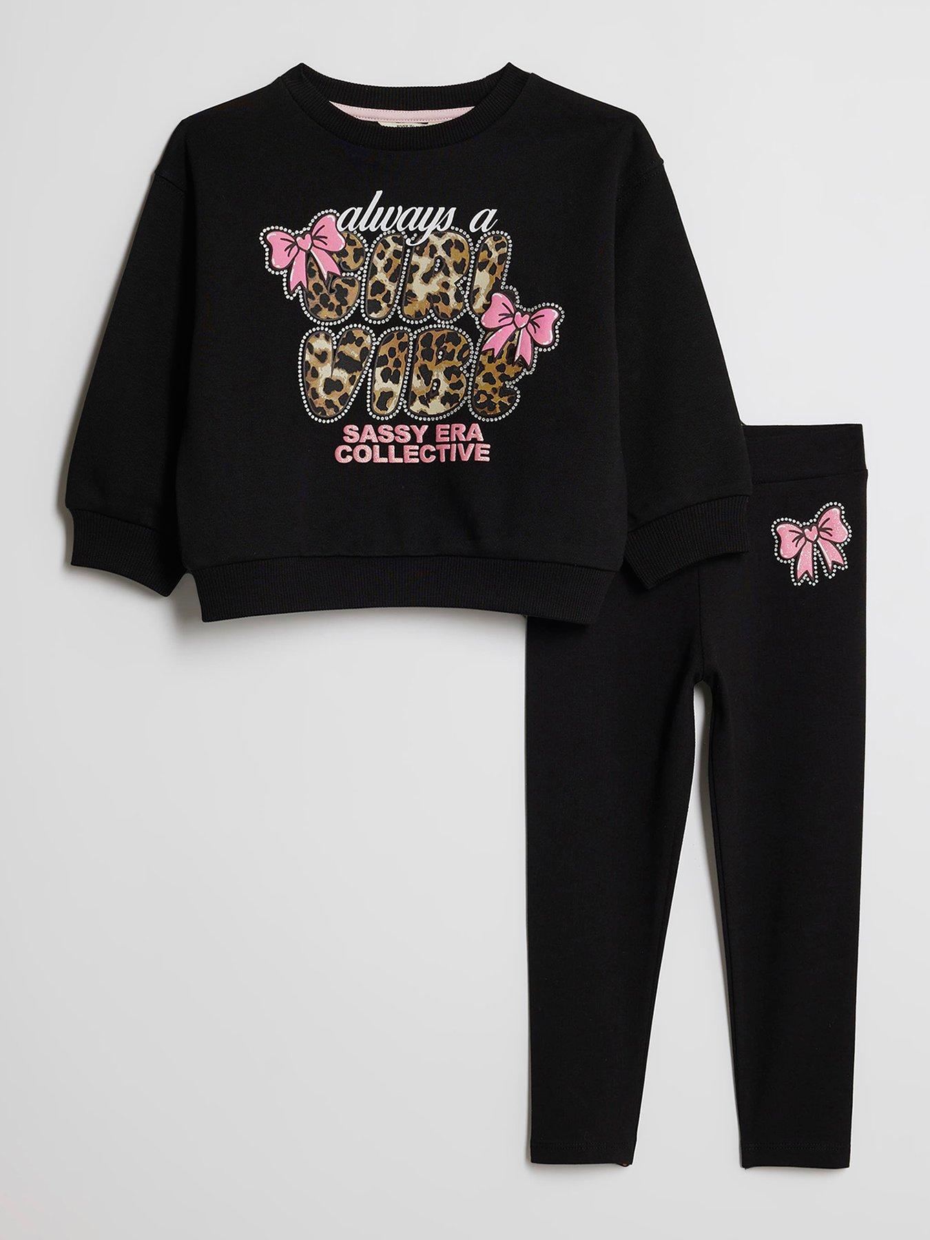 River Island Mini Girls Girl Vibe Bow Sweatshirt Set - Black