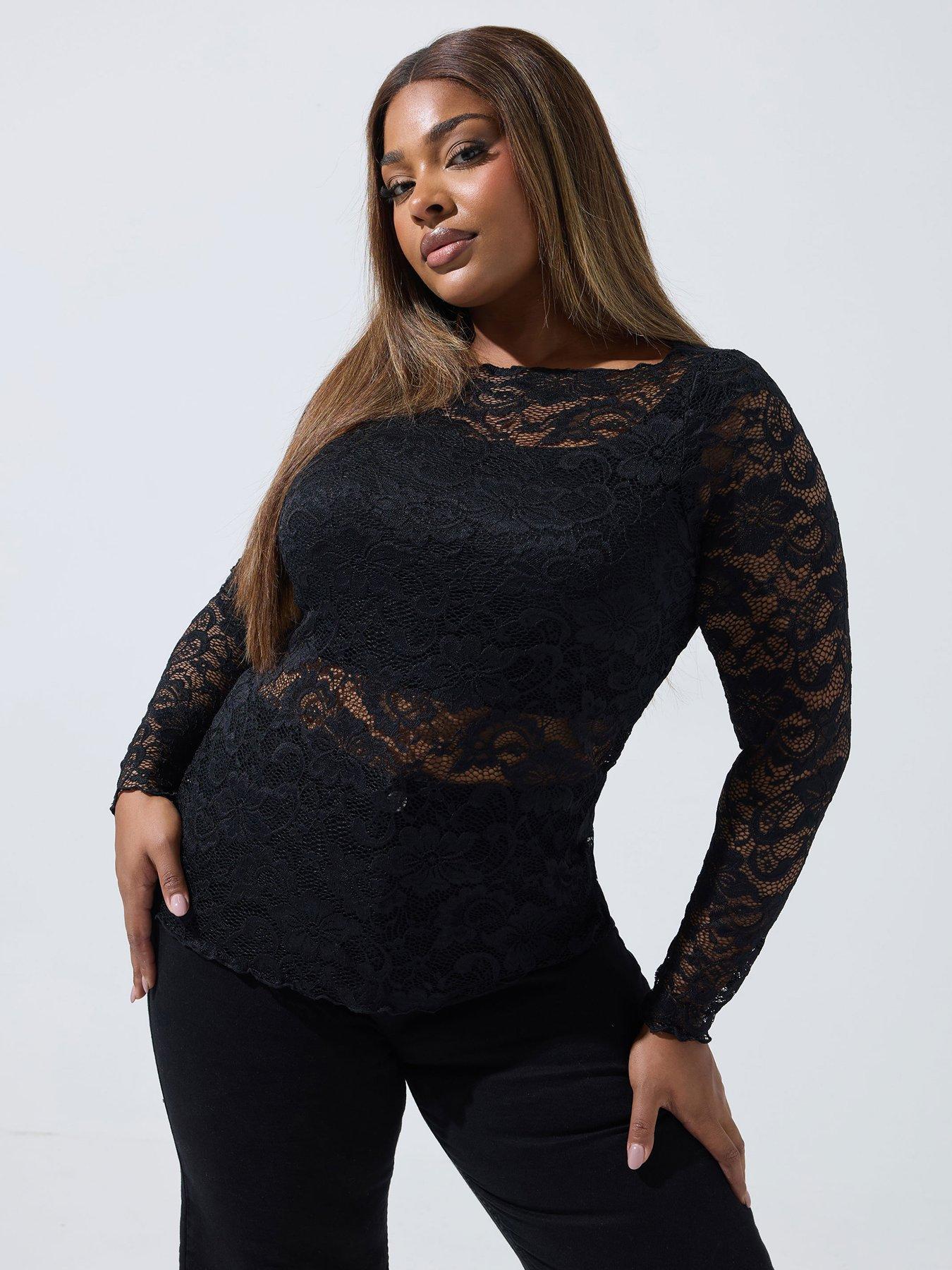 Yours Curve Long Sleeve Lace Top - Black