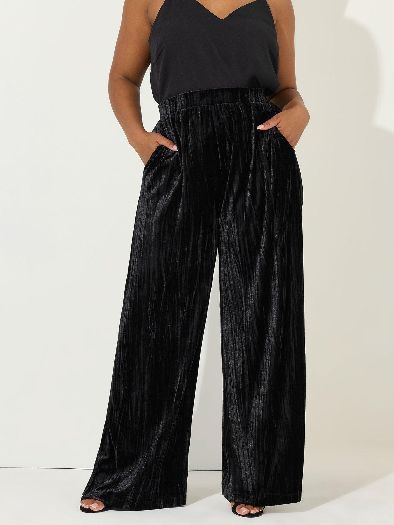 Yours Curve Crushed Velour Wide Leg Trouser - Black