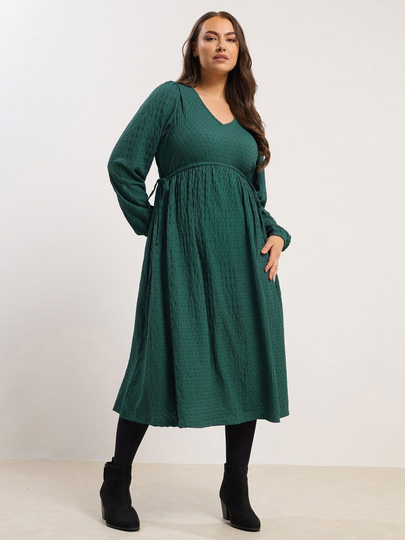 Yours Curve Tie Textured Midaxi Dress - Green