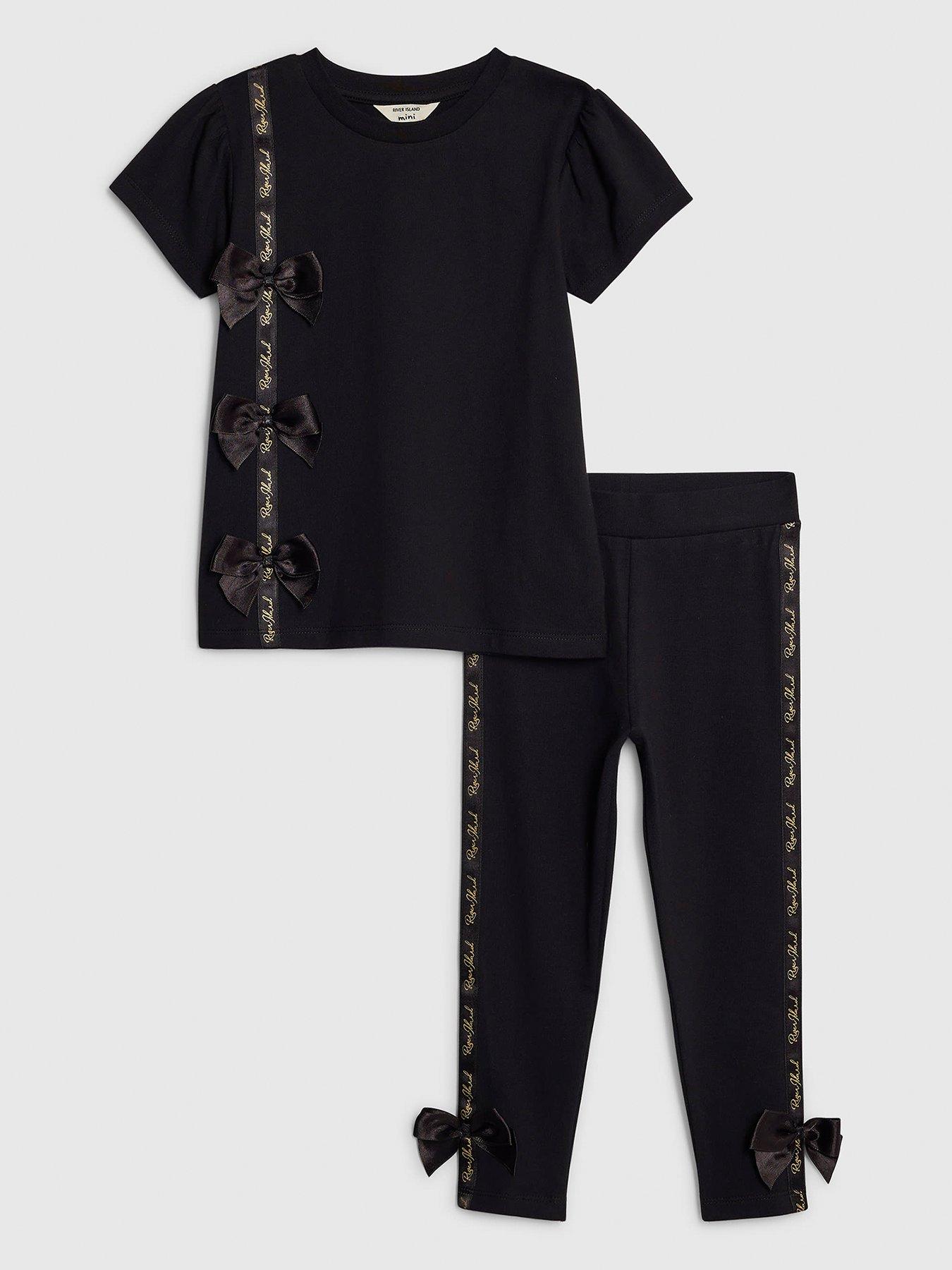 River Island Mini Girls Satin Bow T-Shirt Set - Black