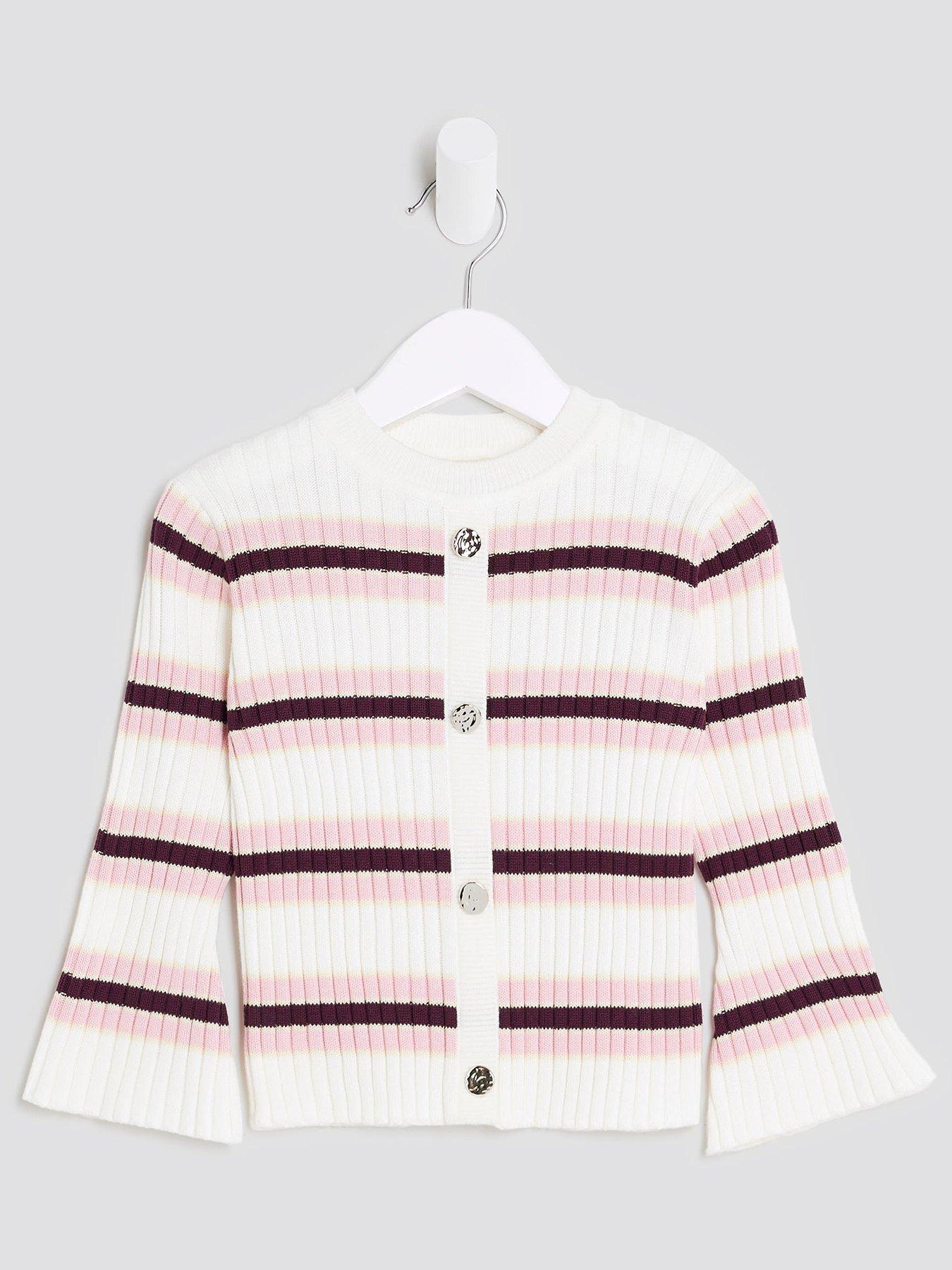 Image 1 of 4 of River Island Mini Girls Knitted Striped Cardigan - Cream