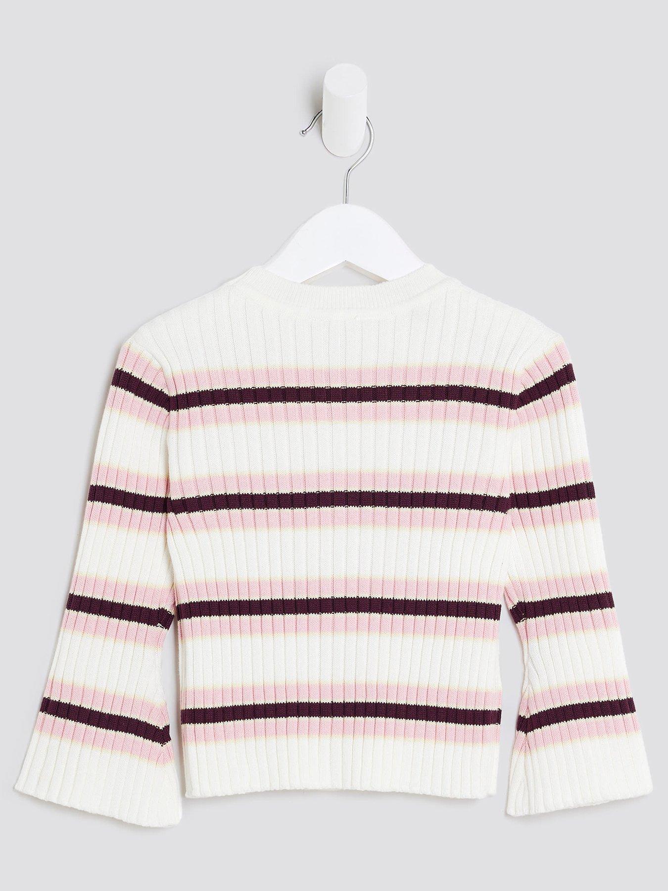 Image 2 of 4 of River Island Mini Girls Knitted Striped Cardigan - Cream