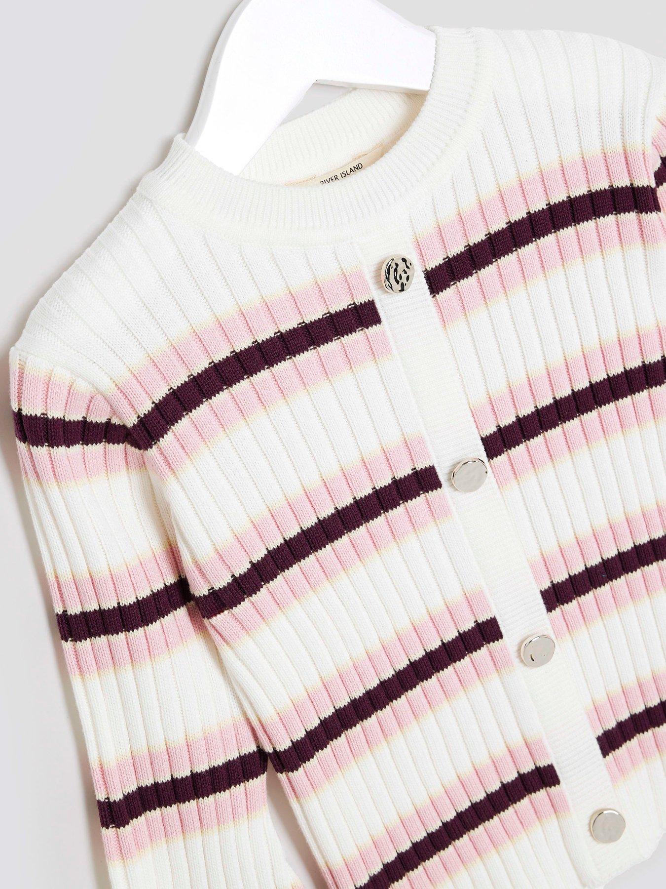 Image 3 of 4 of River Island Mini Girls Knitted Striped Cardigan - Cream