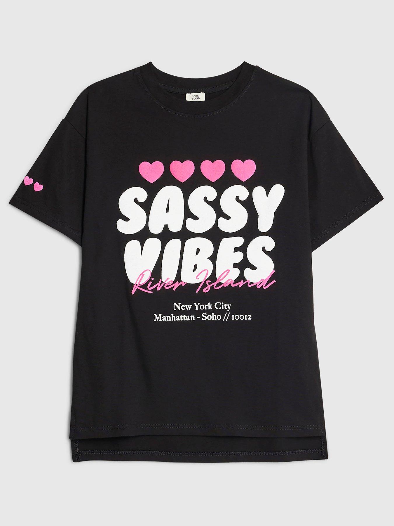 River Island Older Girls Sassy Vibes T-Shirt- Black