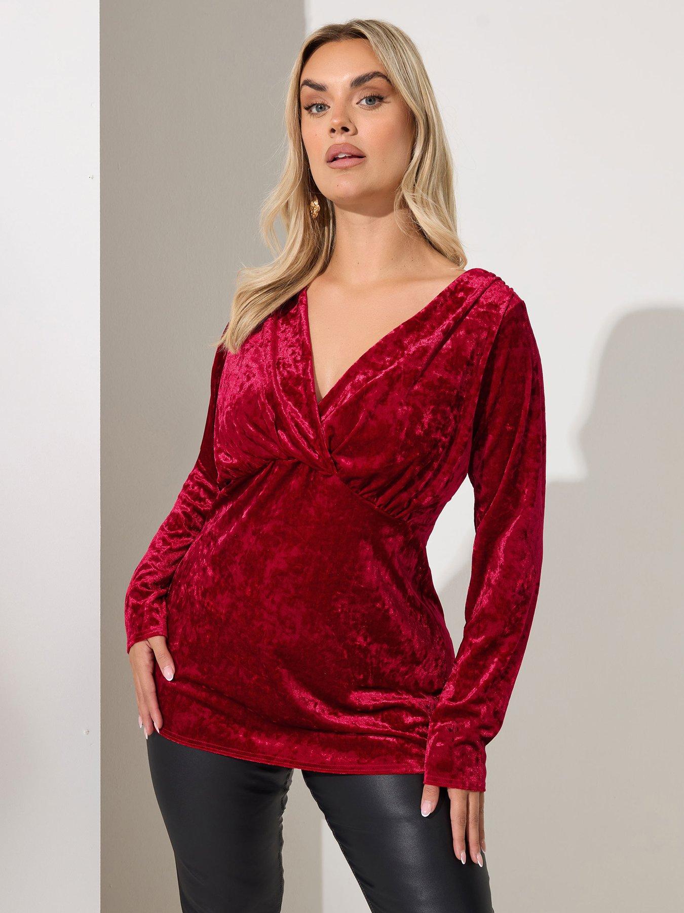 Yours Curve Velvet V Neck Top - Red | Very