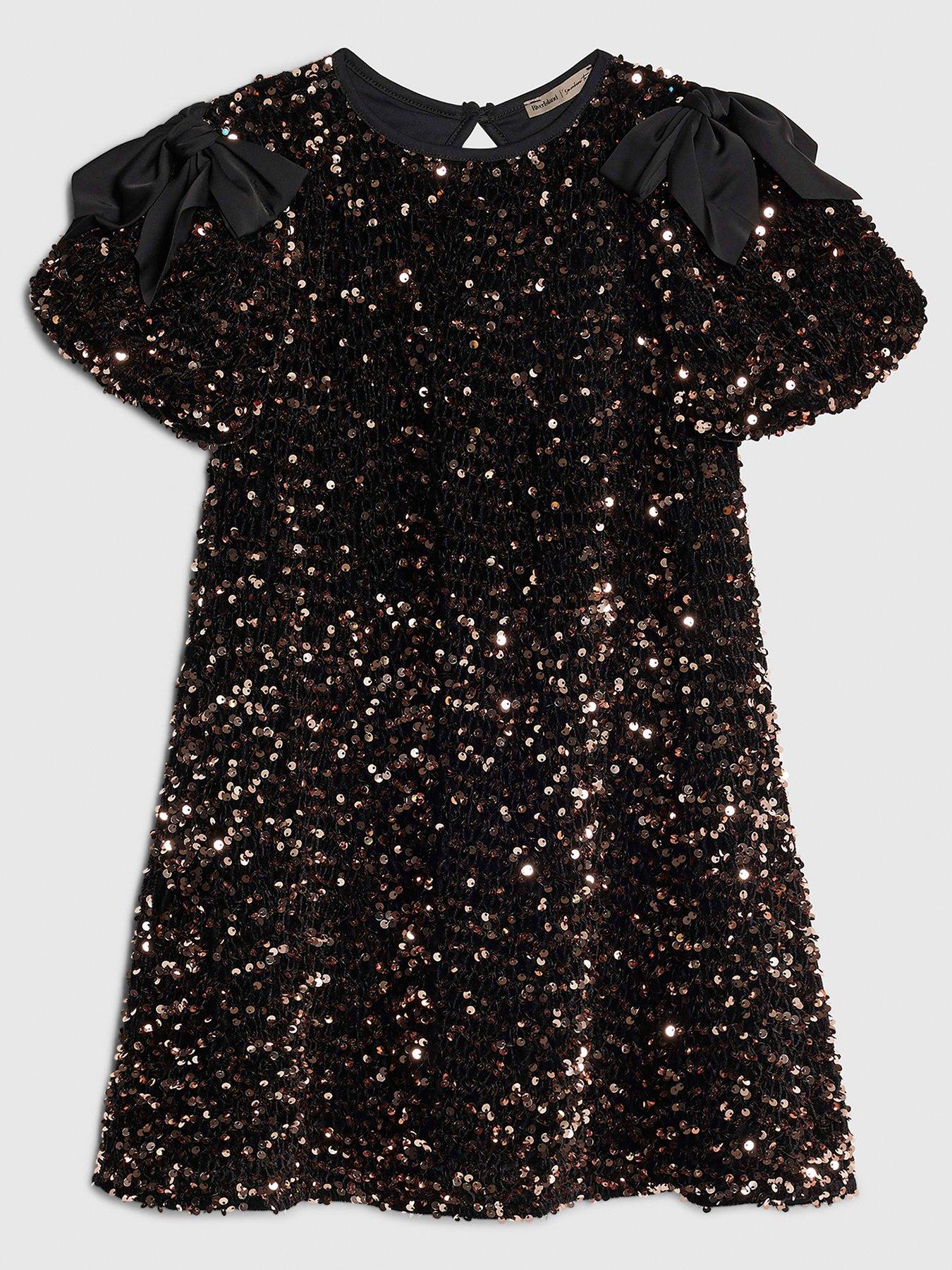 river island brown sequin dress River Island Older Girls Sequin Bow Dress - Brown