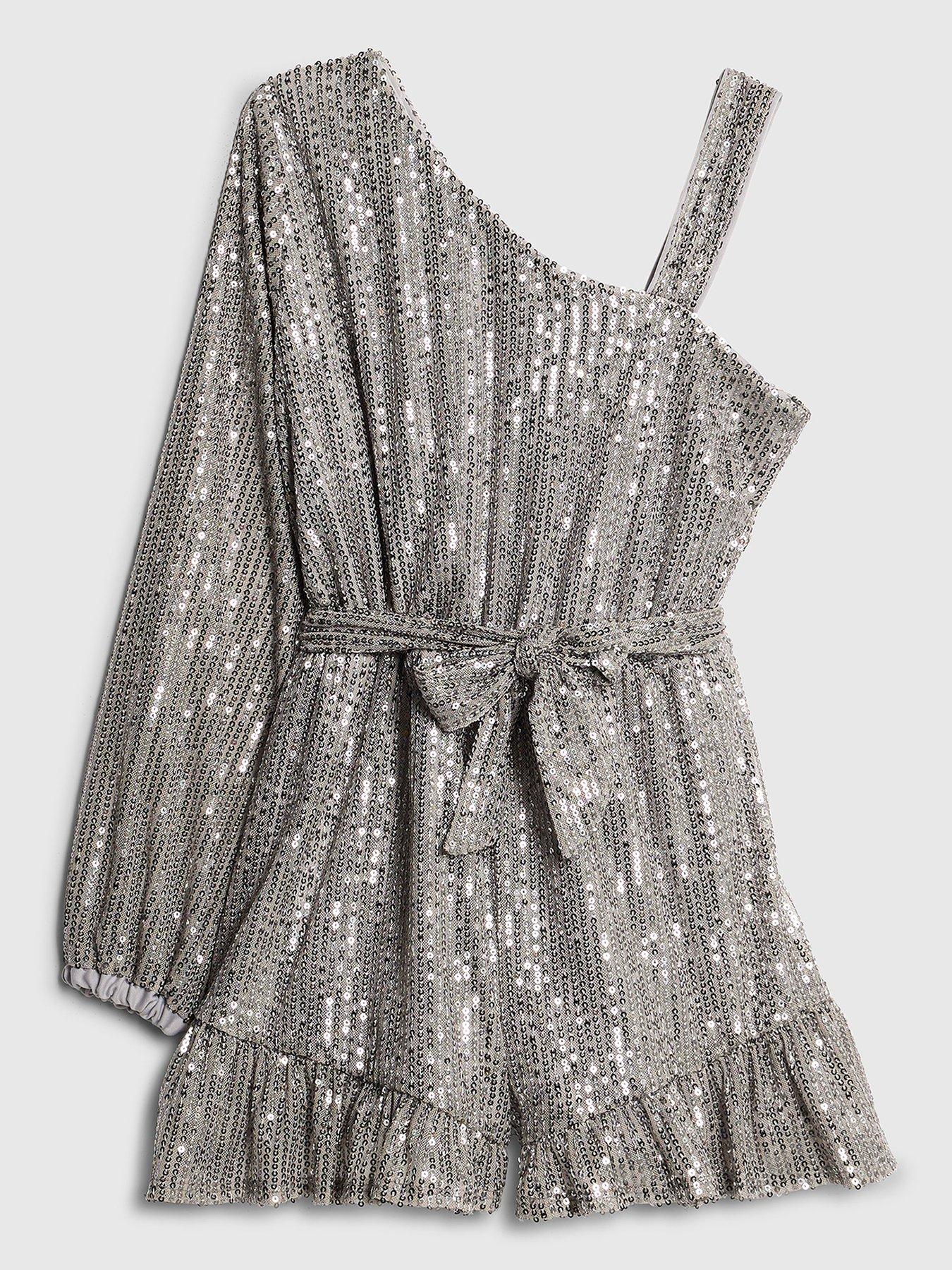Image 1 of 4 of River Island Older Girls Sequin One Shoulder Playsuit - Silver