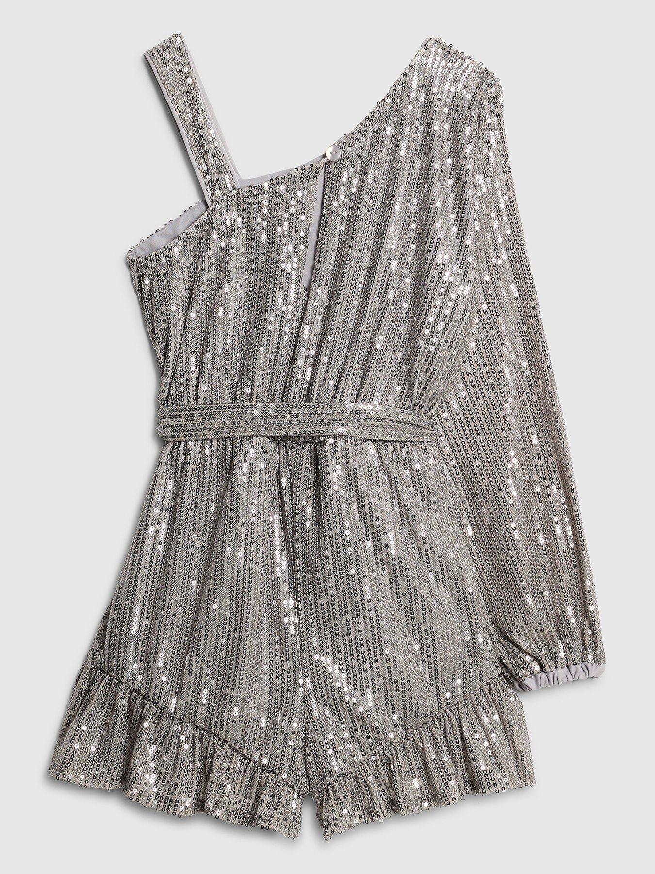 Image 2 of 4 of River Island Older Girls Sequin One Shoulder Playsuit - Silver