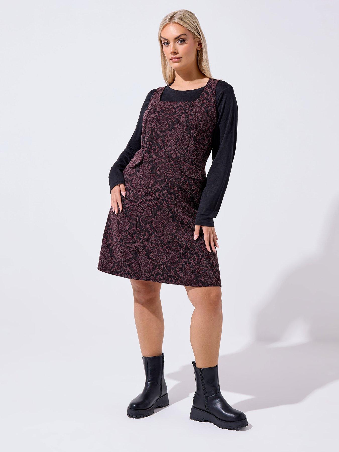 Yours Curve Jacquard Pinafore Dress  - Purple