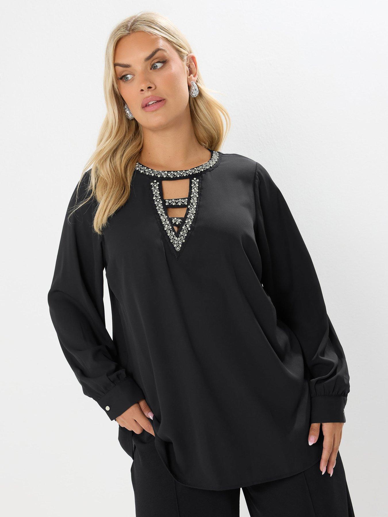 Yours Curve Diamante Keyhole Blouse - Black