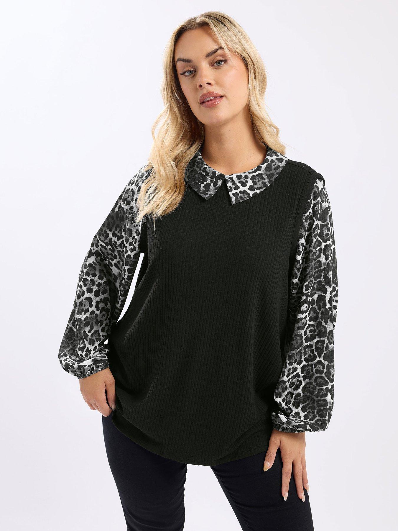 Image 1 of 4 of Yours Curve Leopard Print Brushed Top - Black