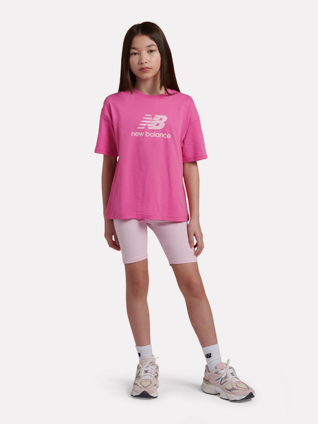 New Balance Junior Girls Stacked Logo T-Shirt And Cycling Shorts - Pink