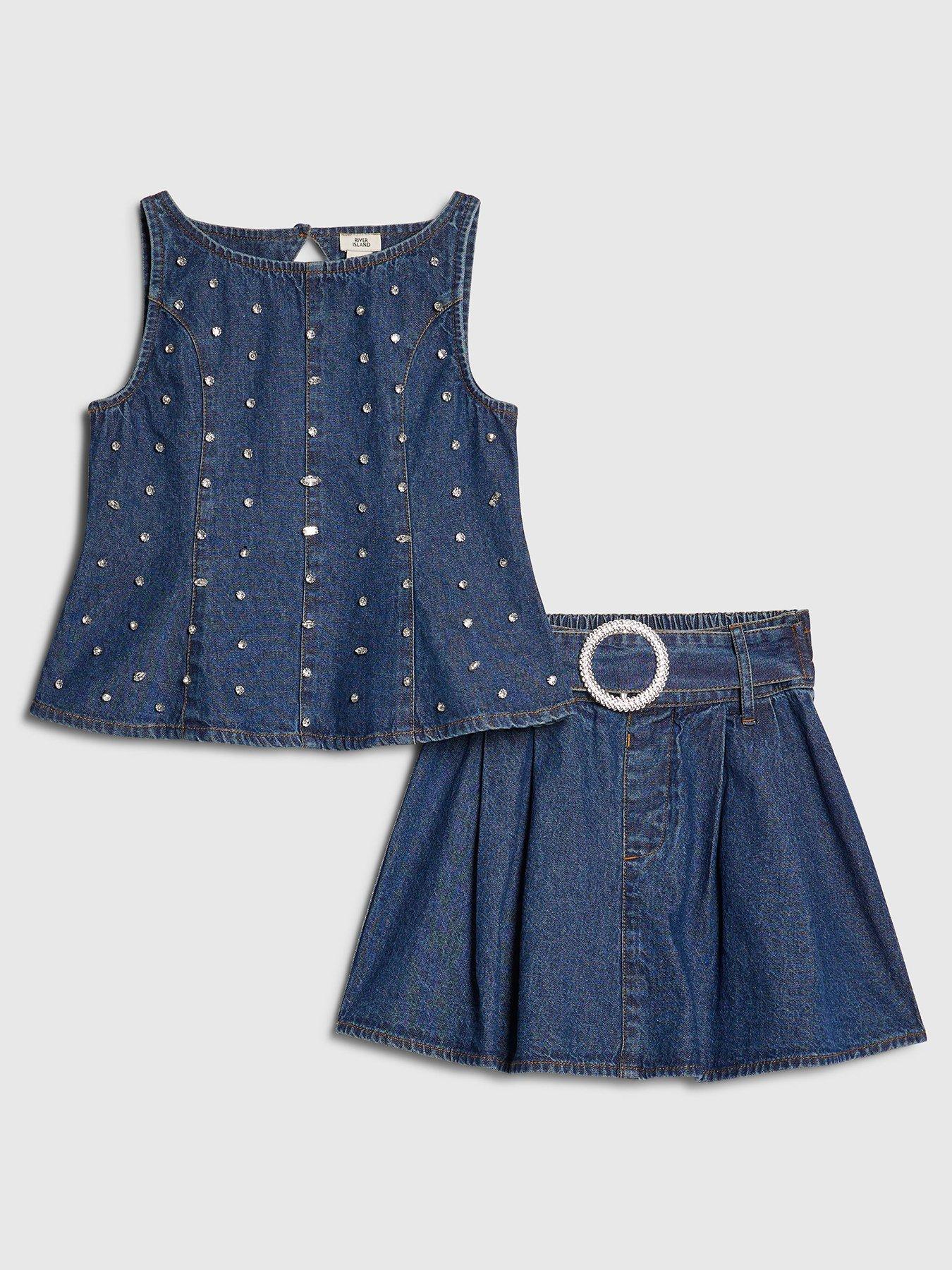 River Island Older Girls Denim Embellished Peplum Skirt Set - Blue
