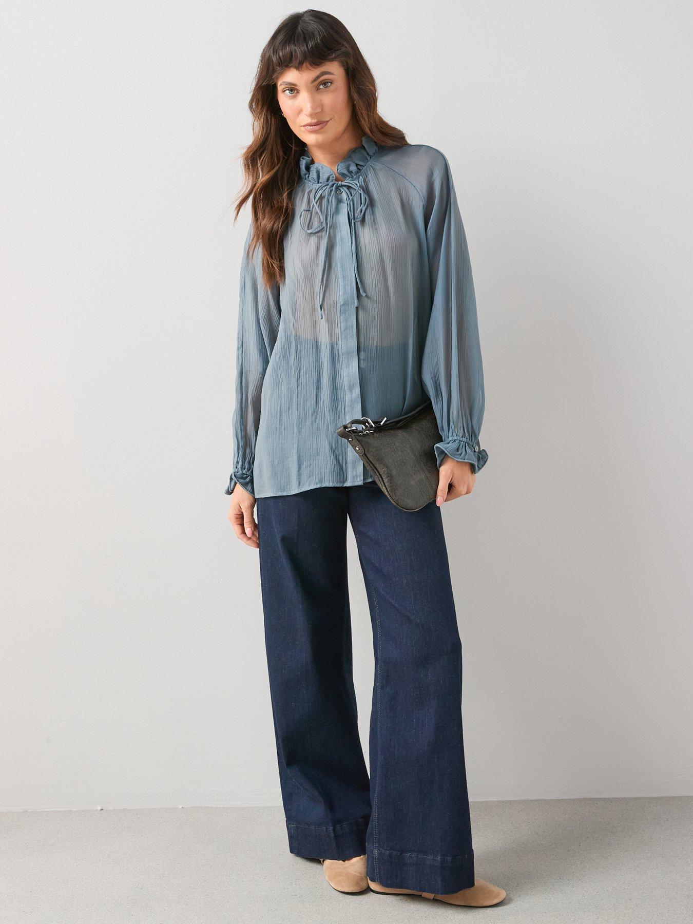 Image 3 of 6 of The Very Collection Poet Frill High Neck Blouse - Blue