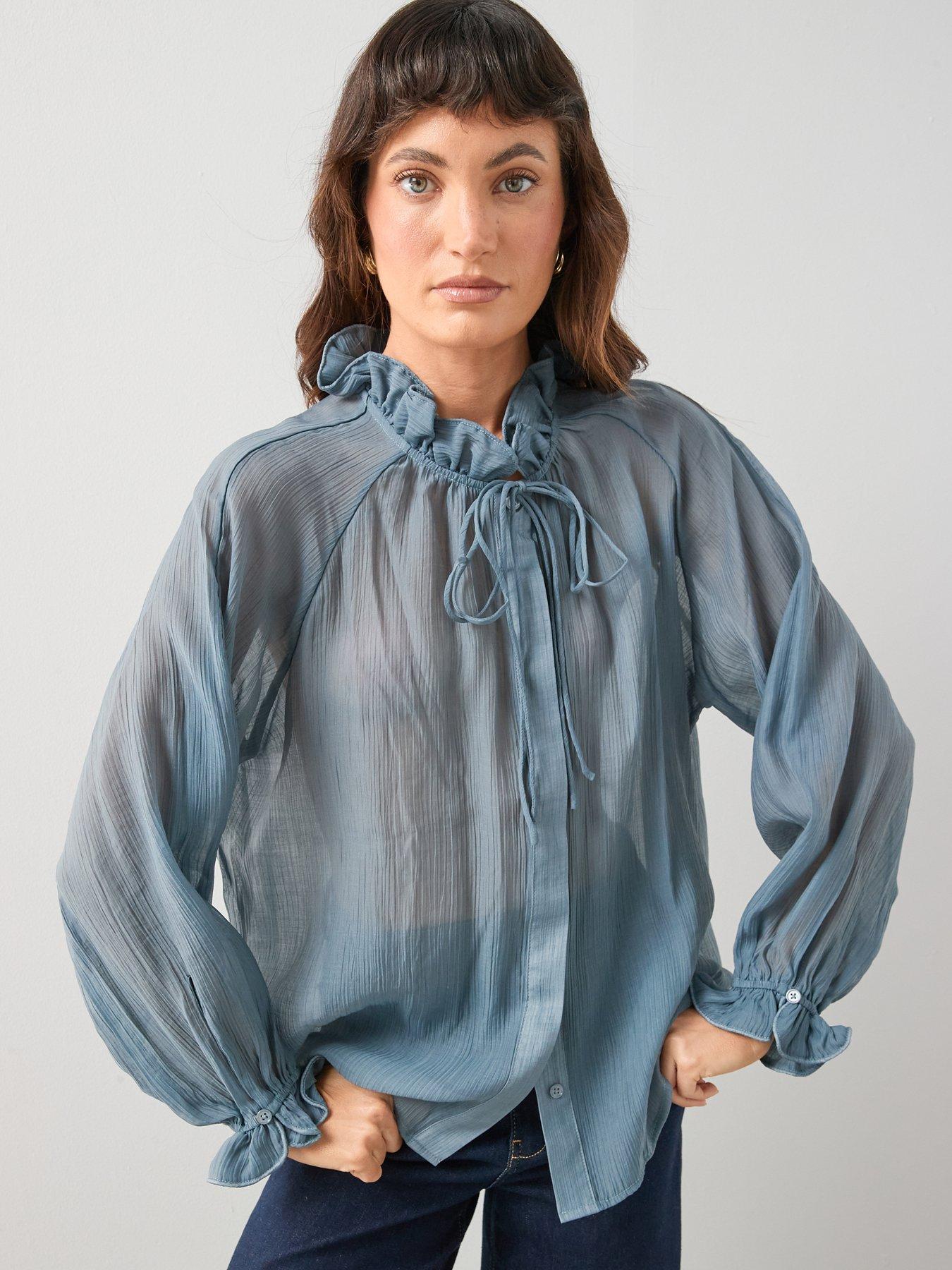Image 6 of 6 of The Very Collection Poet Frill High Neck Blouse - Blue