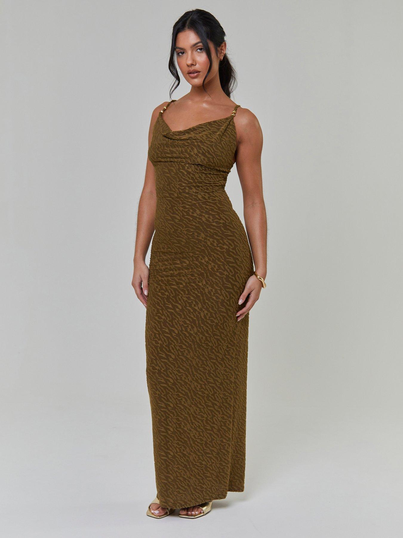 Image 1 of 5 of South Beach Textured Cowl Neck Maxi Dress - Khaki