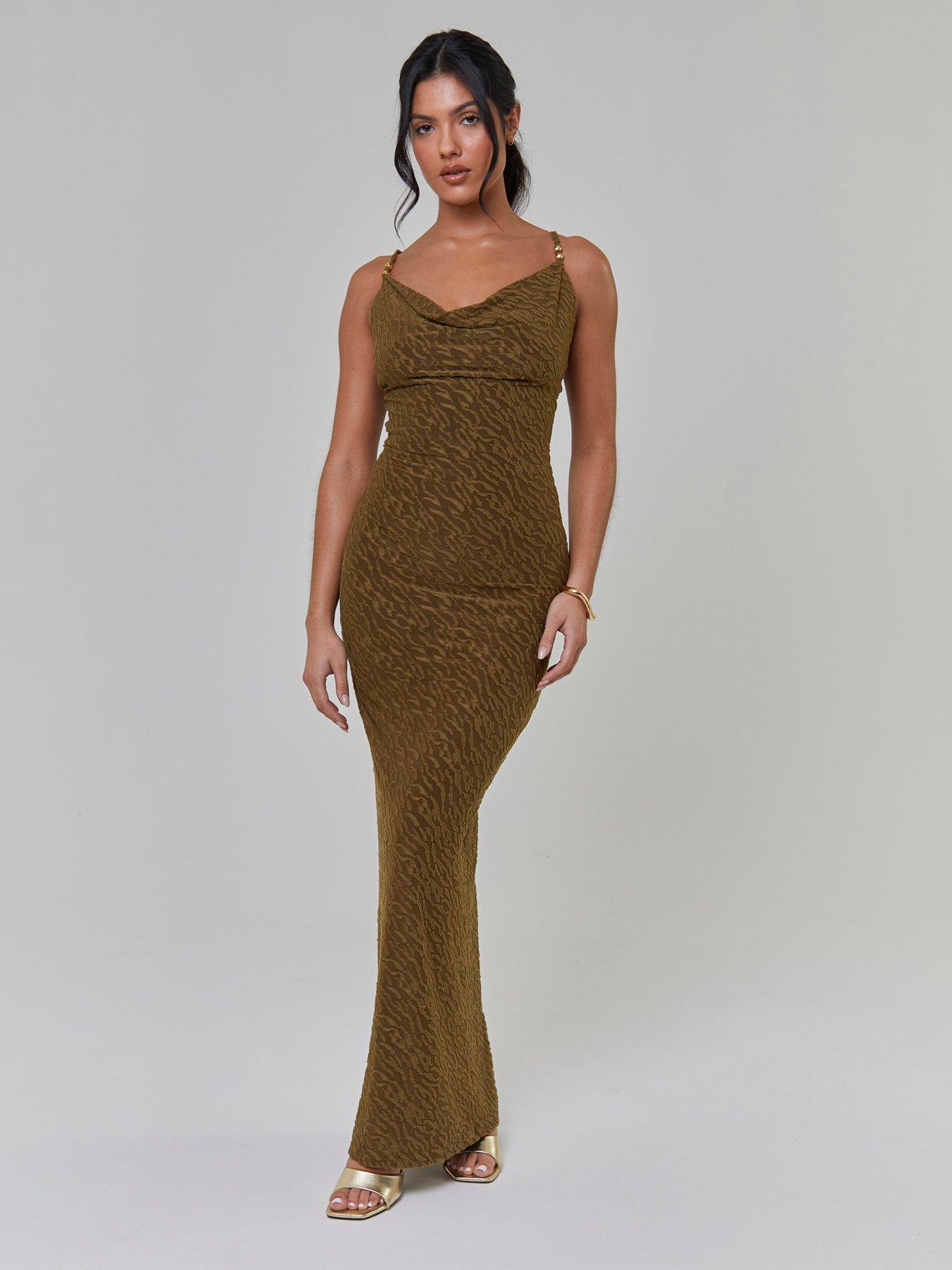Image 2 of 5 of South Beach Textured Cowl Neck Maxi Dress - Khaki