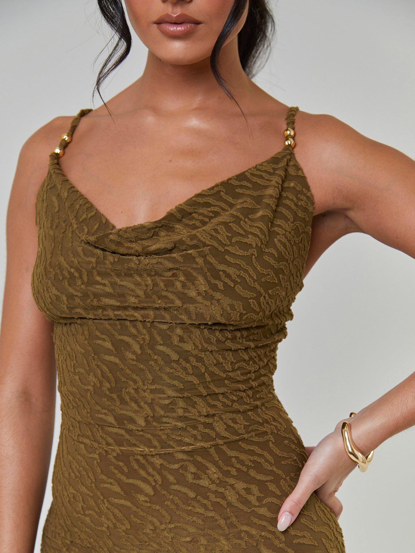 Image 4 of 5 of South Beach Textured Cowl Neck Maxi Dress - Khaki