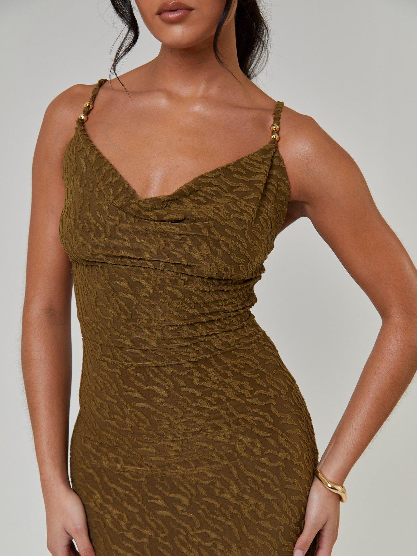 Image 5 of 5 of South Beach Textured Cowl Neck Maxi Dress - Khaki