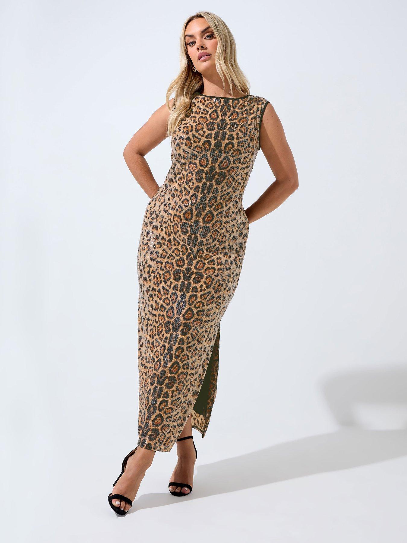 Yours Curve Leopard Sequin Dress - Brown | Very