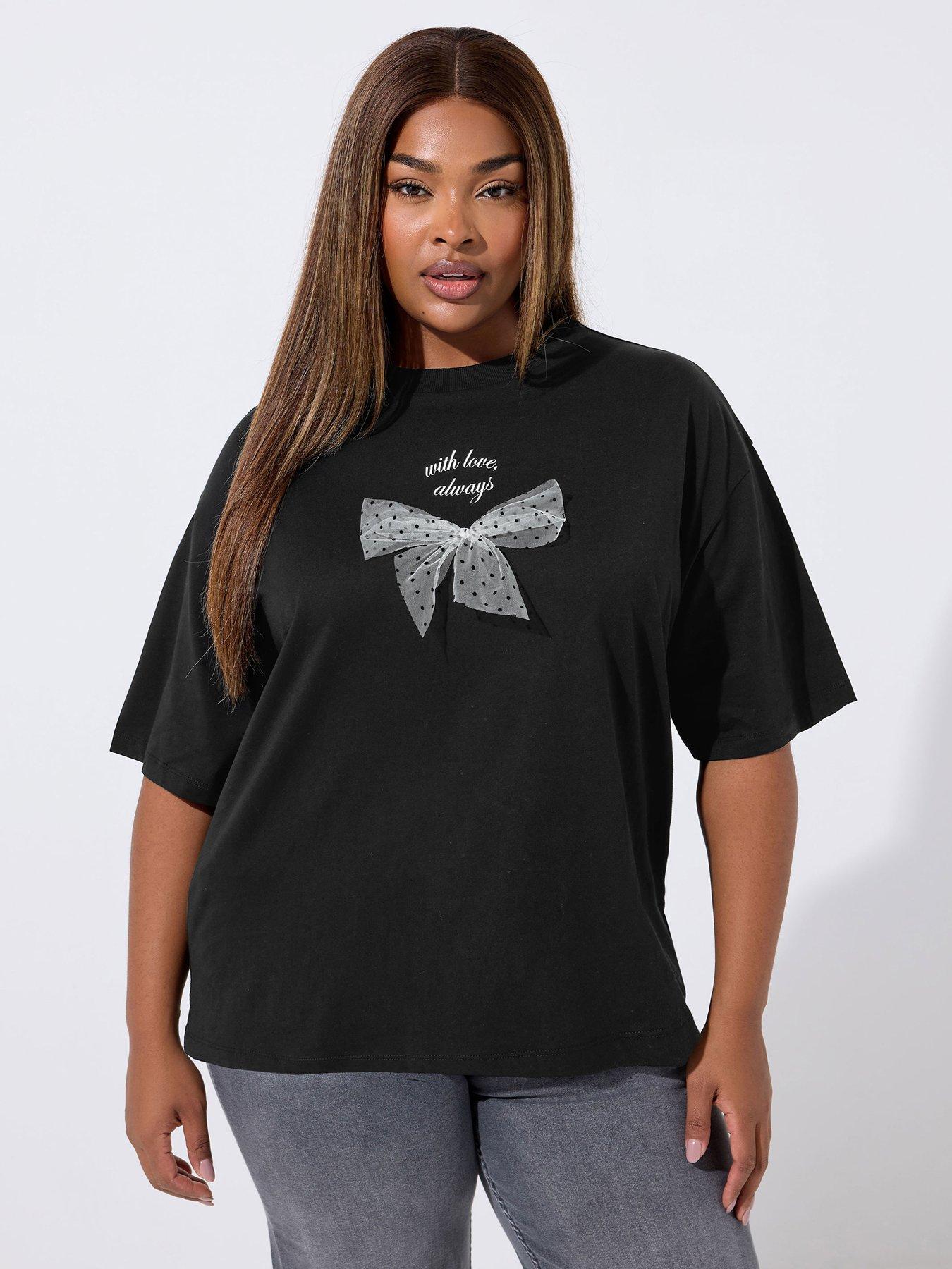 Yours Curve Organza Bow T-shirt - Black