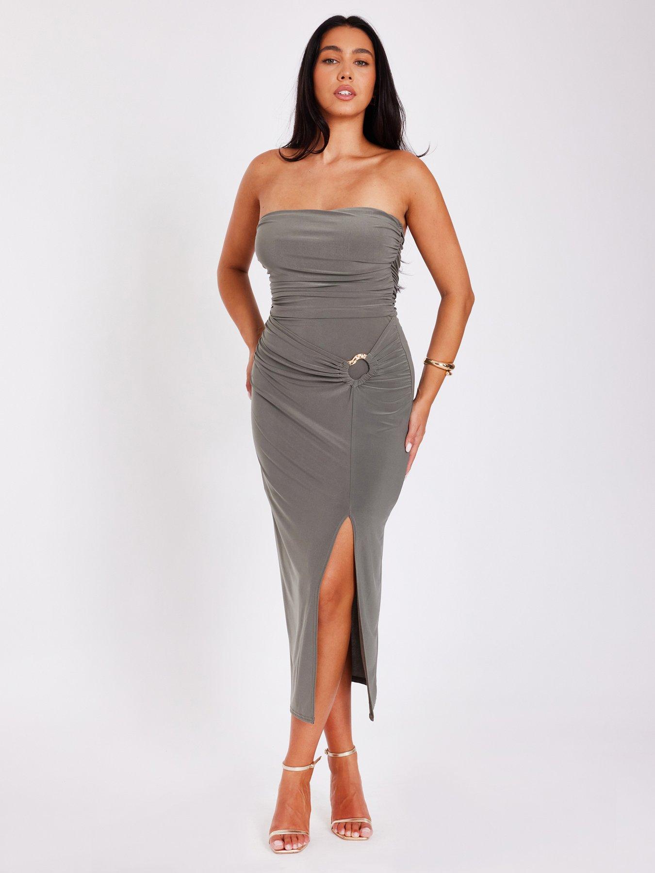 Quiz Khaki Strapless Buckle Detail Midaxi Dress