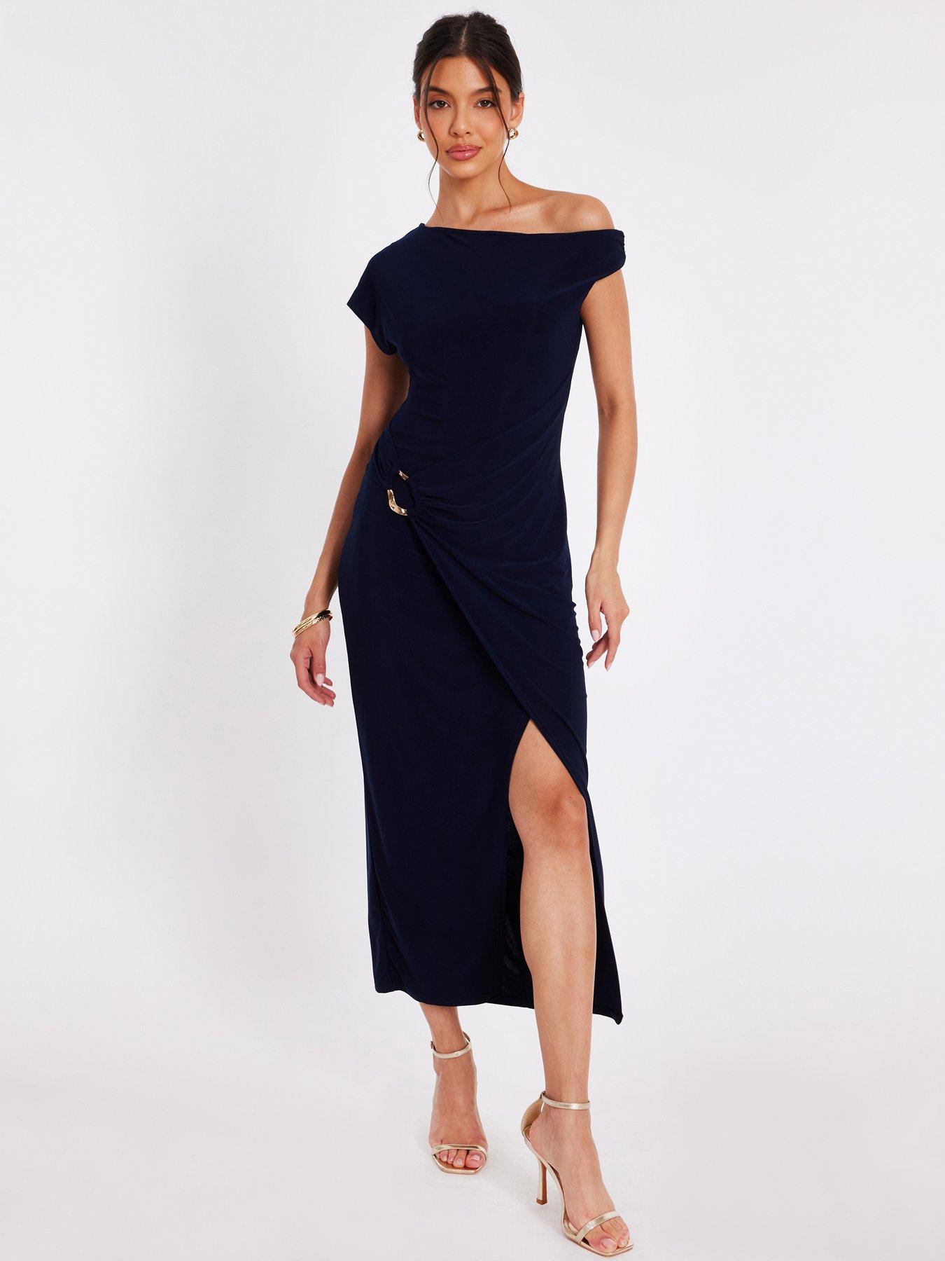 Image 1 of 6 of Quiz Navy Asymmetric Wrap Midaxi Dress