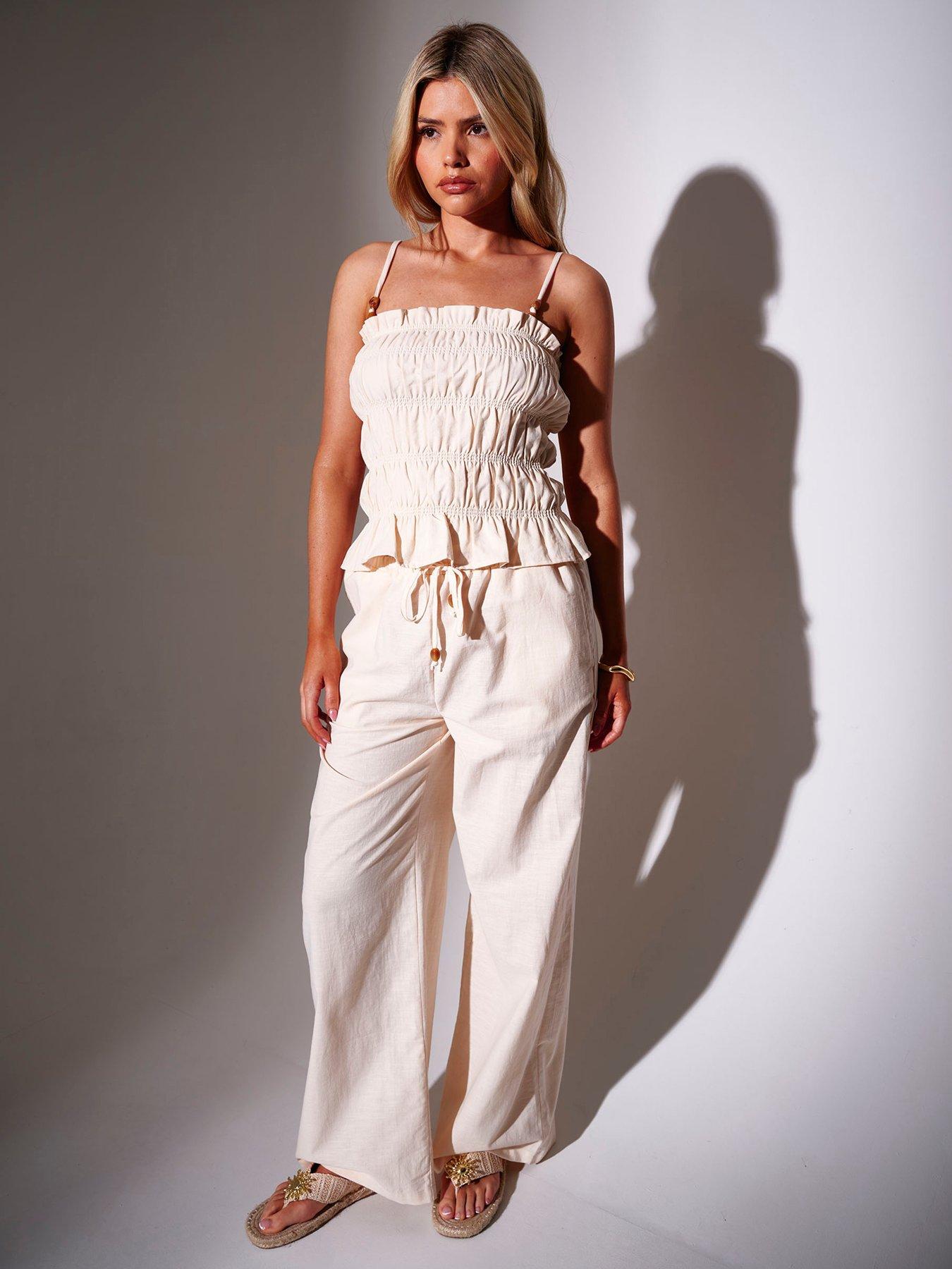 South Beach Wide Leg Trousers With Bead Detail - White