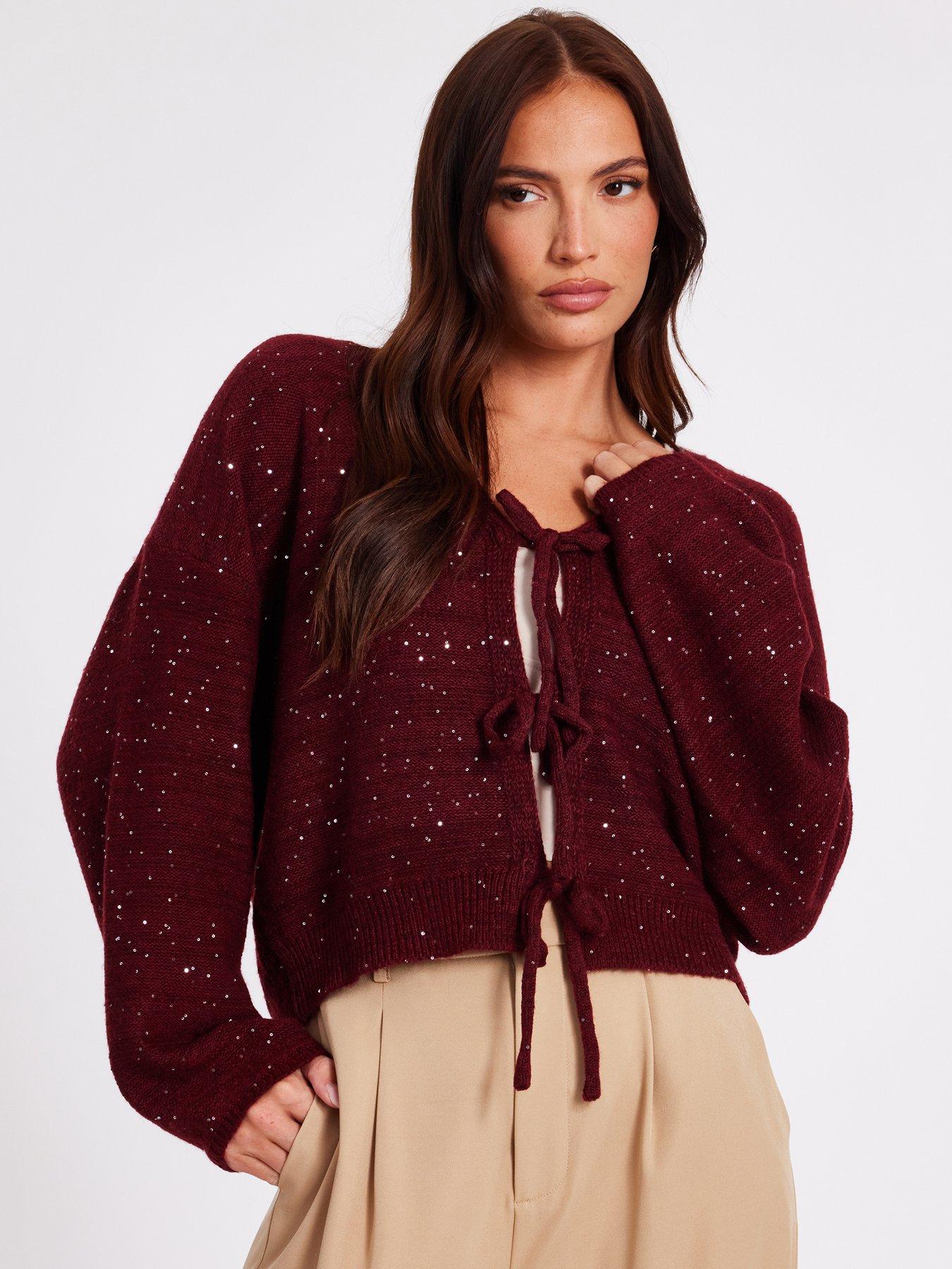 Quiz Dark Red Sequin Tie Front Cardigan